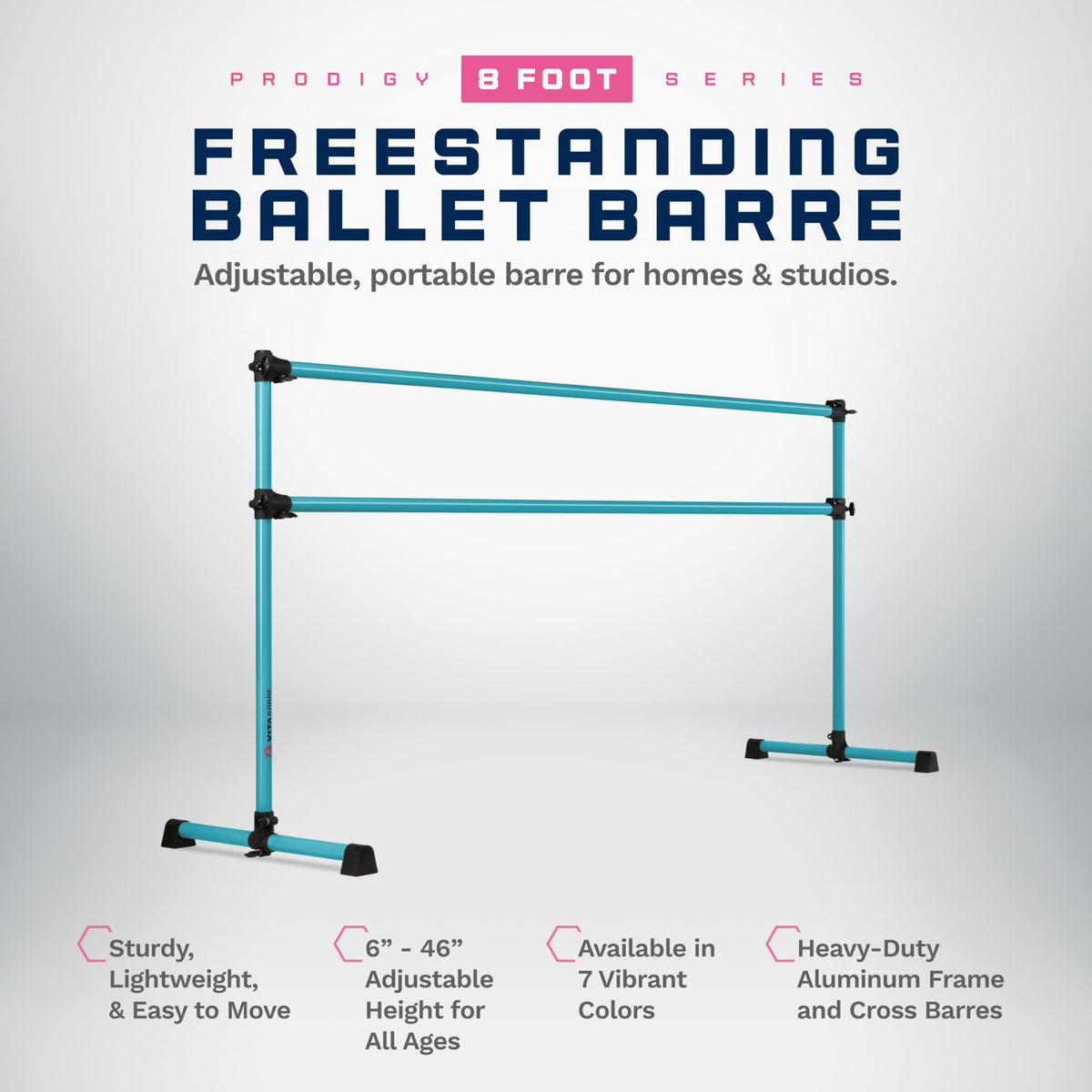 VITA Barre Portable Freestanding Double Ballet Barre, Prodigy, 8 Ft Bars, Teal | Adjustable Height, USA Made, Home or Gym Exercise Equipment for Kids & Adults | Dance, Fitness, Pilates