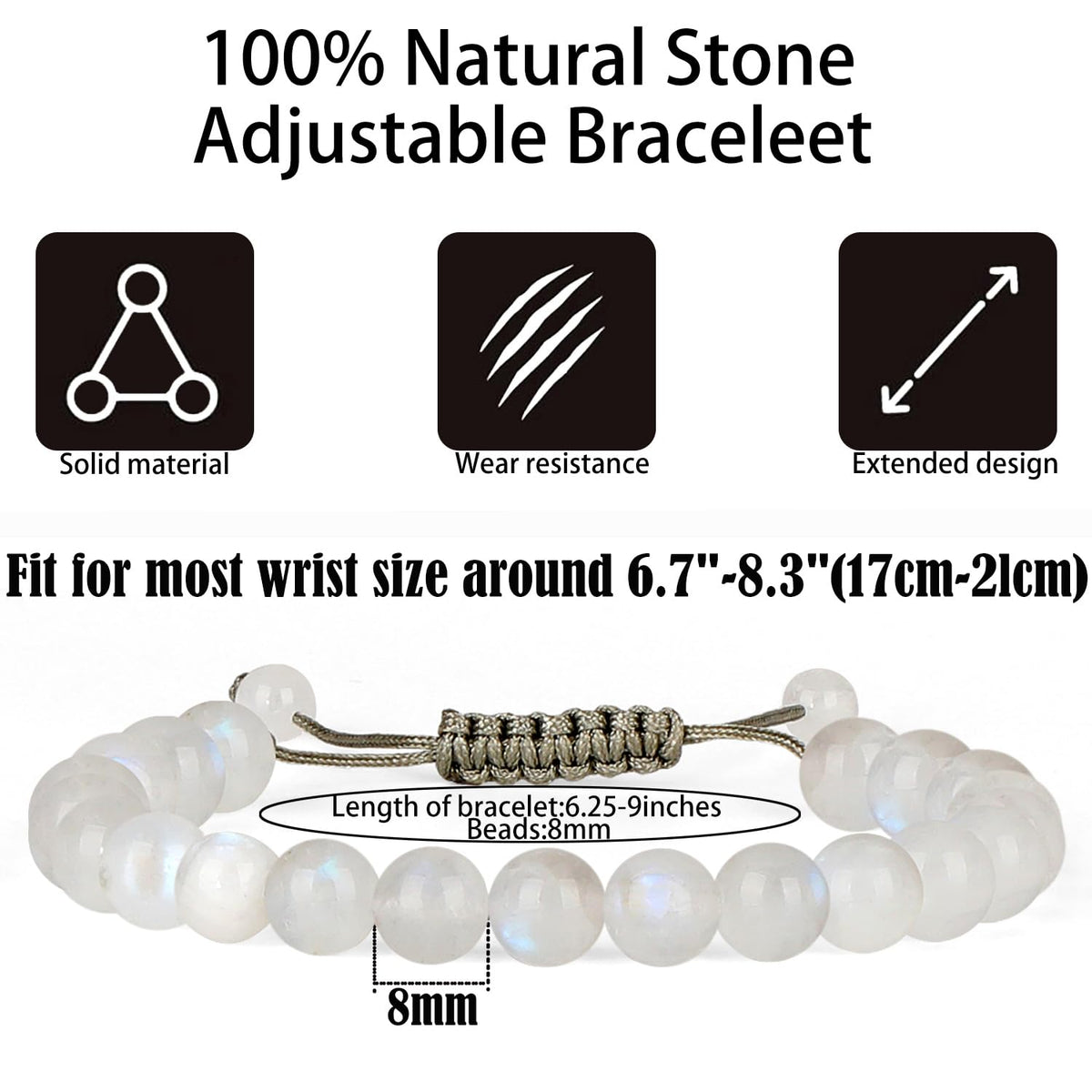 QOGIR Handmade Healing Stones Bracelet,8mm Natural Rainbow Moonstone Gemstone Beaded Bracelet,for Men Women Gifts with 2PCS Size Adjustable Rope Bracelets