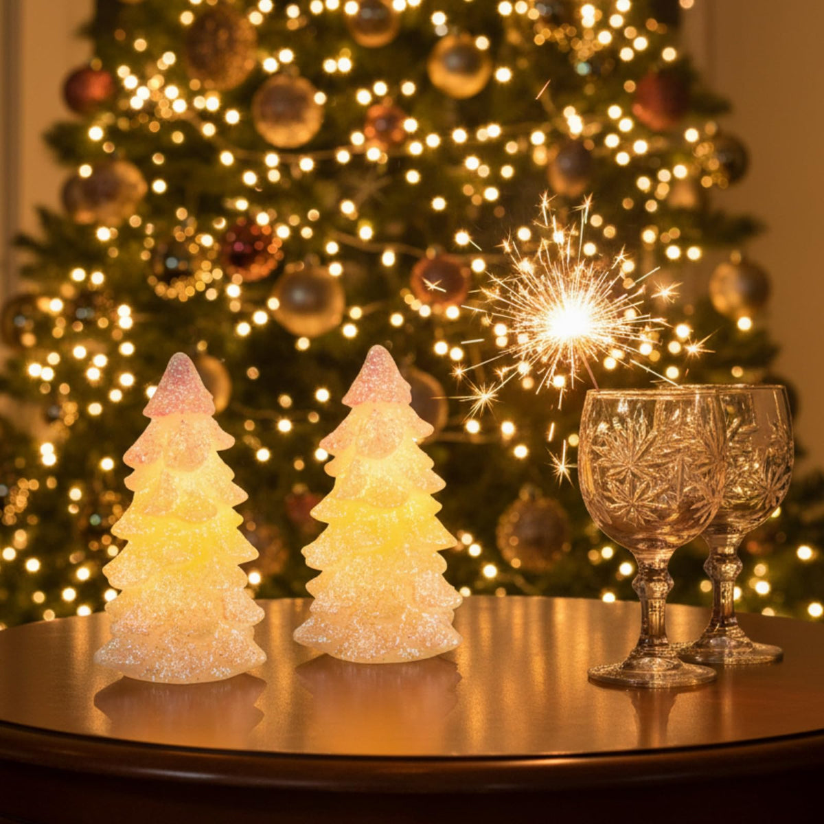 Glooglitter 2 Pcs 5.5" White Christmas Tree Flameless Candles Glittering Real Wax Flickering Battery Operated LED Handmade Carved Candles for Xmas Party Decoration Gifts
