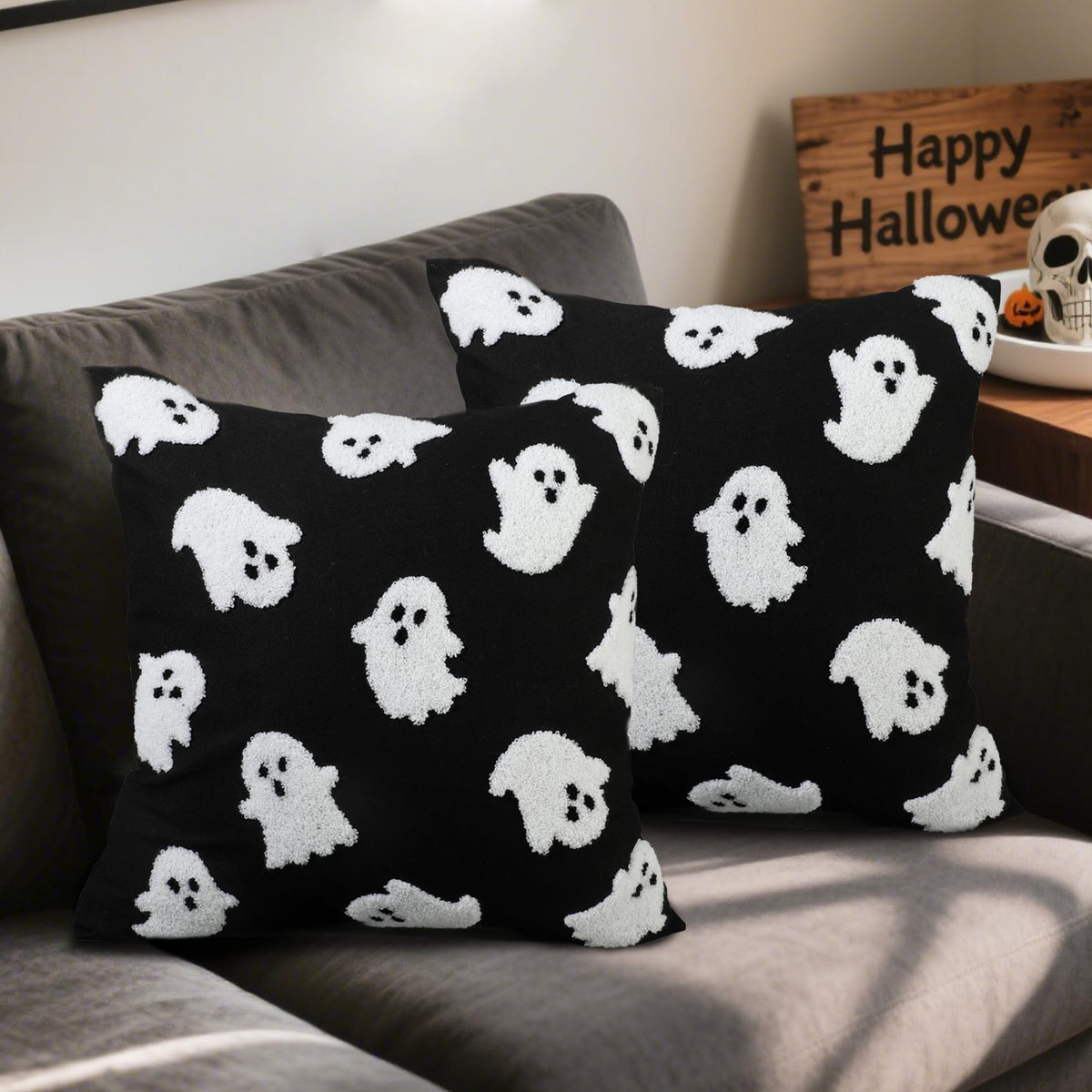 2PCS Halloween Pillow Covers 18 x 18 Inch White Ghost Throw Pillow Cases 3D Embroidered Cushion Covers Halloween Black Decorative Pillowcases for Sofa Couch Bed Living Room Home Indoor Outdoor Decor