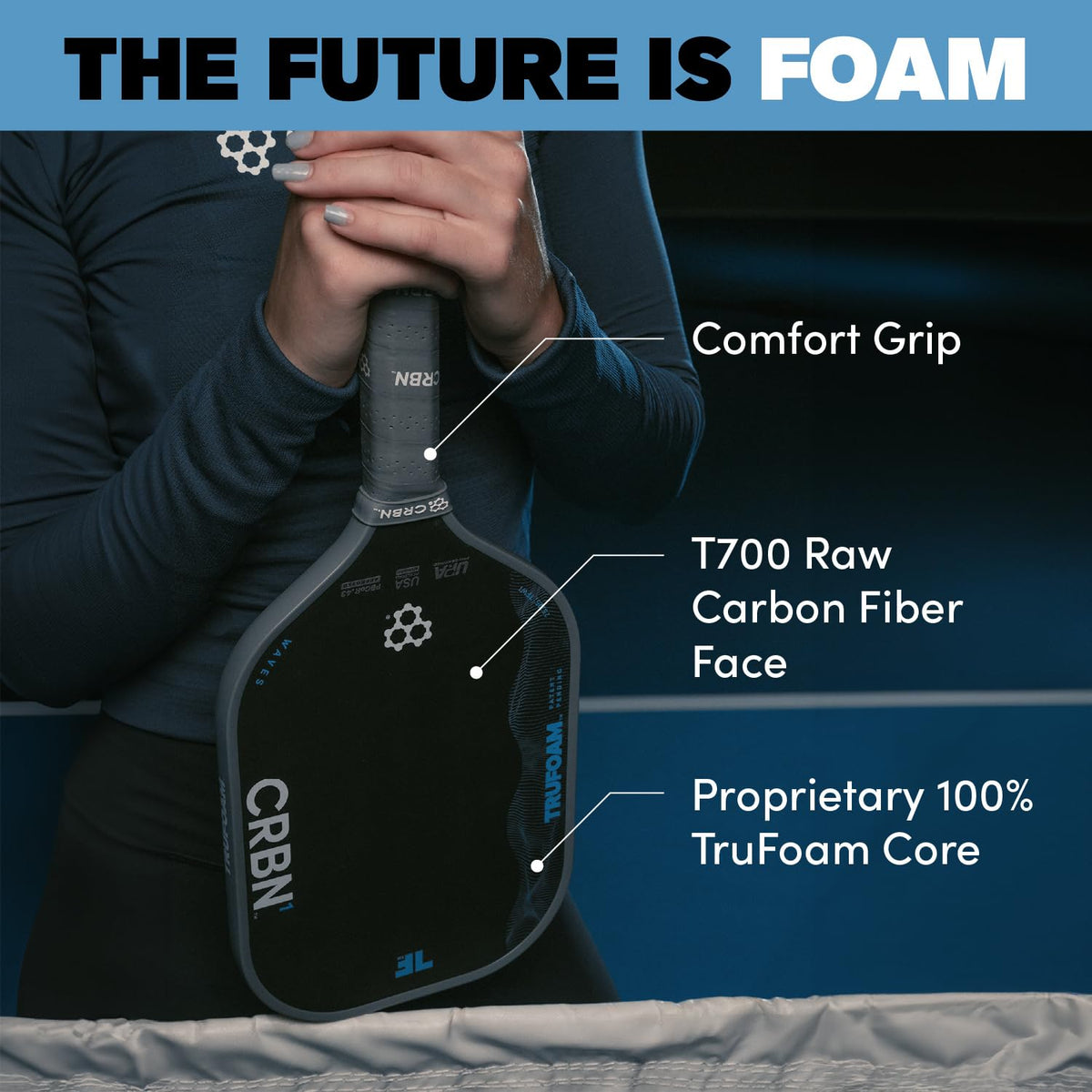 CRBN Pickleball - TruFoam Waves Paddle - Hybrid, Aerocurve - Carbon Fiber Pickleball Paddle - 100% Foam Core Designed for Maximum Power, 14mm