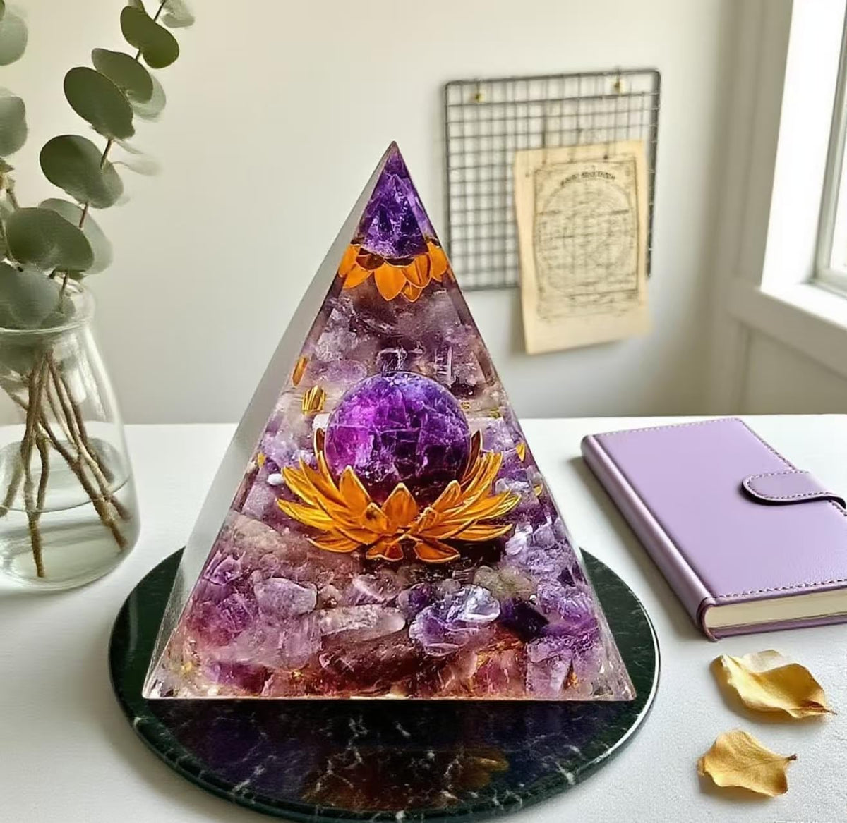 ycyingcheng Moonstone Crystal Orgone Pyramid Ogan Crystal Energy Tower, Nature Reiki Chakra Crushed Stone Jewelry, Crystal Pyramid for Home Decor (Lotus Base Amethyst)