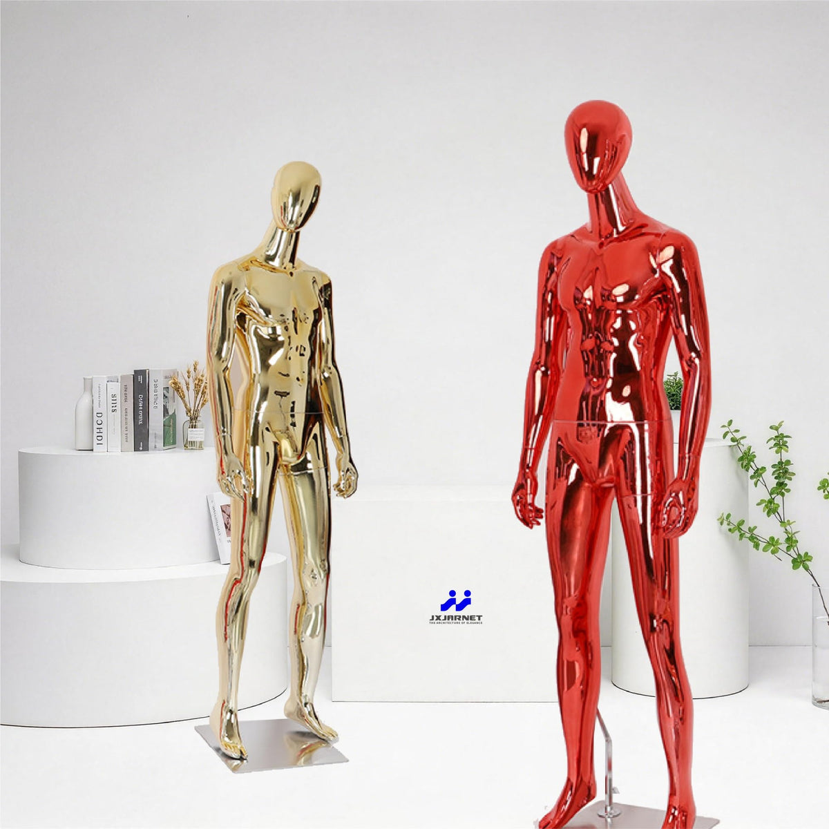 Full Body Male Mannequin with Chrome Metallic Finish, Fiberglass Abstract Dress Form with Posable Head, Futuristic Retail Display Dummy with Metal Base for Men's Fashion Window(Chrome Green)