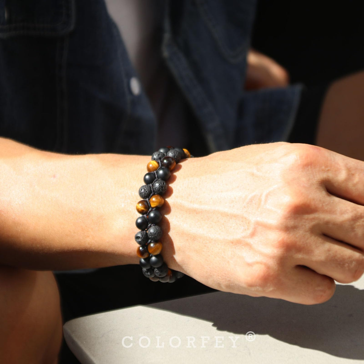 Triple Protection Bracelet for Men Women, COLORFEY Authentic Mens Bracelet Genuine Tiger Eye Black Onyx Lava Rock Crystal Bracelets, 8”Adjustable Beaded Bracelet for Men Grounding and Confidence