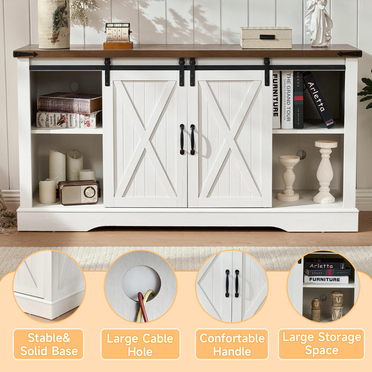 ROCKPOINT 58" Fireplace TV Stand for TV up to 65 Inch with Farmhouse Tall Sliding Barn Doors, Entertainment Center with Storage Cabinet, 23" Electric Fireplace with Remote, White