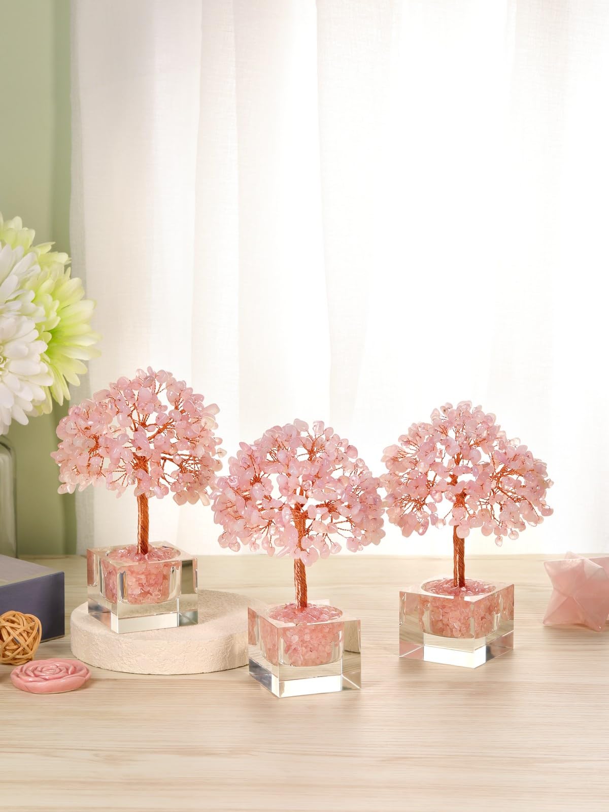Jovivi Large Crystal Tree with Square Glass Base, Rose Quartz Healing Crystals Tree Life Natural Chipped Gemstone Money Trees Feng Shui Good Luck Positive Energy Pink Home Desk Decor
