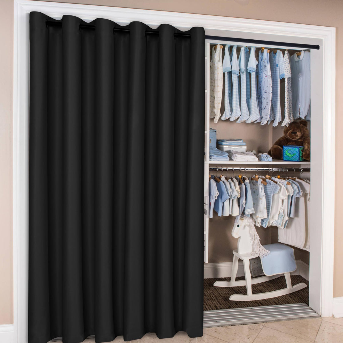 Hiasan Extra Wide Blackout Curtain Panel for Room Divider, 15ft Wide x 9ft Tall Grommet Patio Sliding Door Curtains for Thermal Insulated,Room Partition,Halloween,1 Ps Sewn with Tiebacks,Black