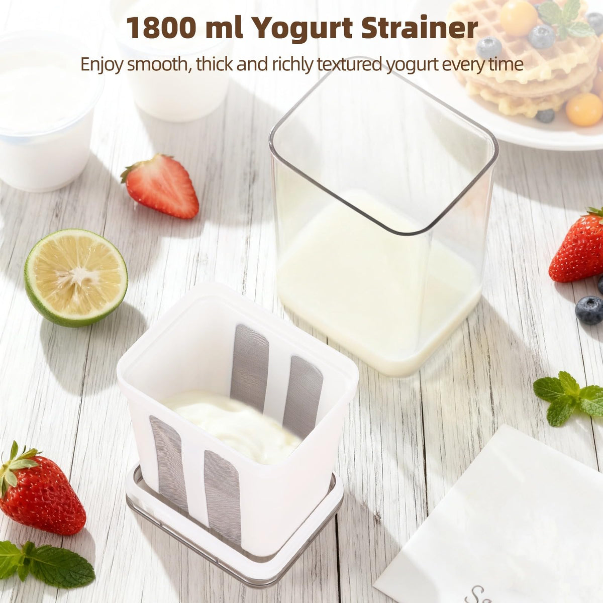 1800 ml Yogurt Strainer, Fine Mesh Greek Yogurt Strainer for Whey Separation, Homemade Cream Cheese Maker with Stainless Steel Fine Mesh Bag and Lid for Yogurt, Soybean Milk, Kefir, Juice