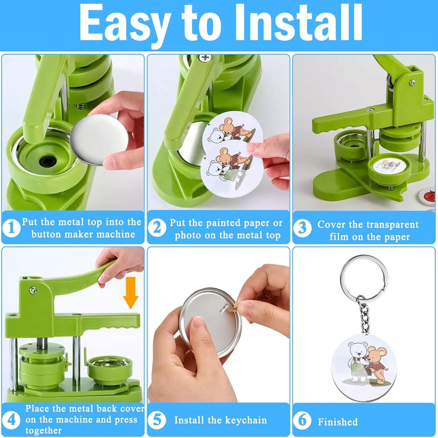 Button Maker Keychains Supplies, 200 Pcs 58mm Pin Maker Set, Metal Button Maker Supplies with Metal Shell Cover, Transparent Film & Chain Head