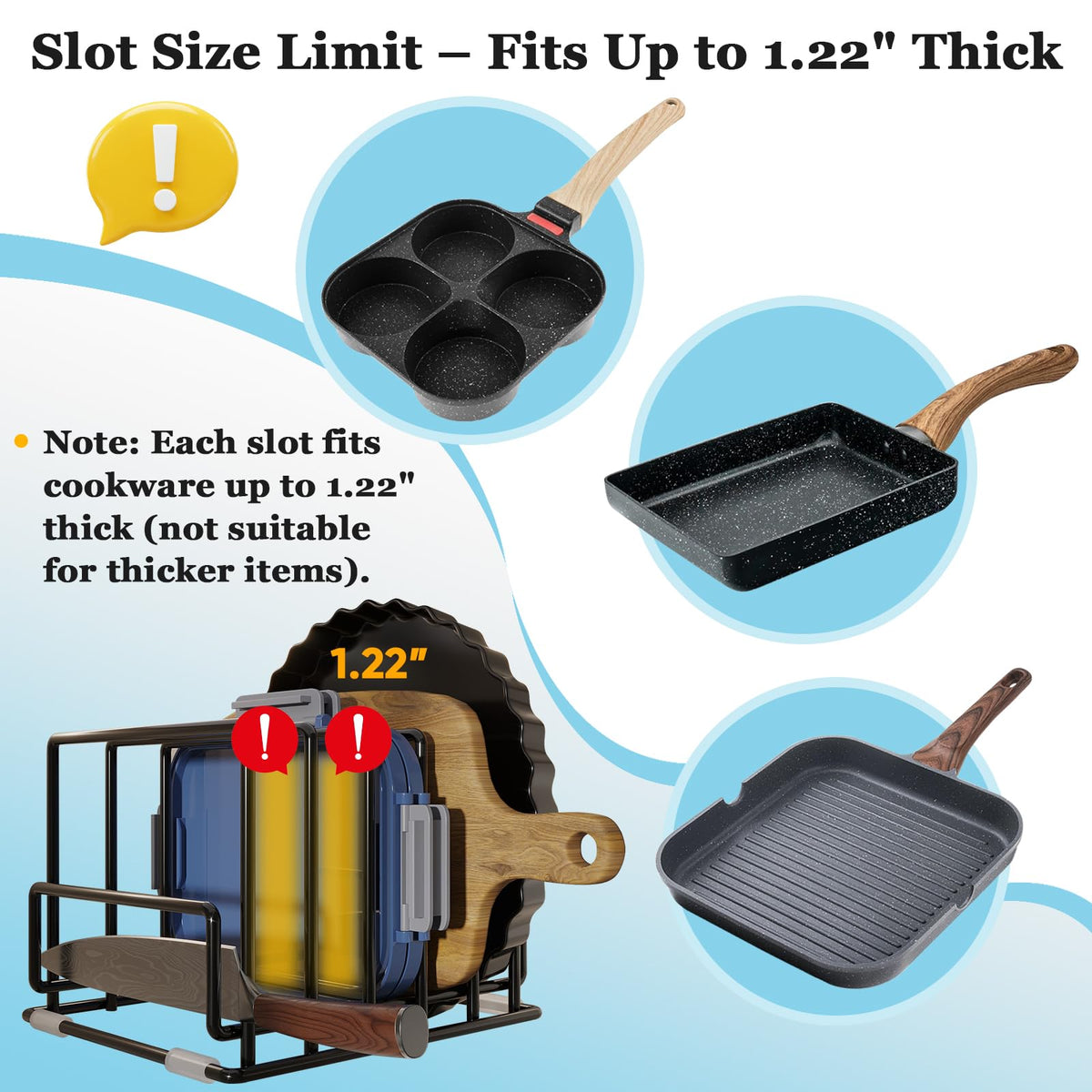 Cutting Board Organizer Rack with 7 Compartments, Heavy-Duty Iron Pan and Baking Sheet Organizer, Kitchen Cabinet Storage Rack with Non-Slip Base, Space-Saving Pot Lid Holder for Countertop & Pantry