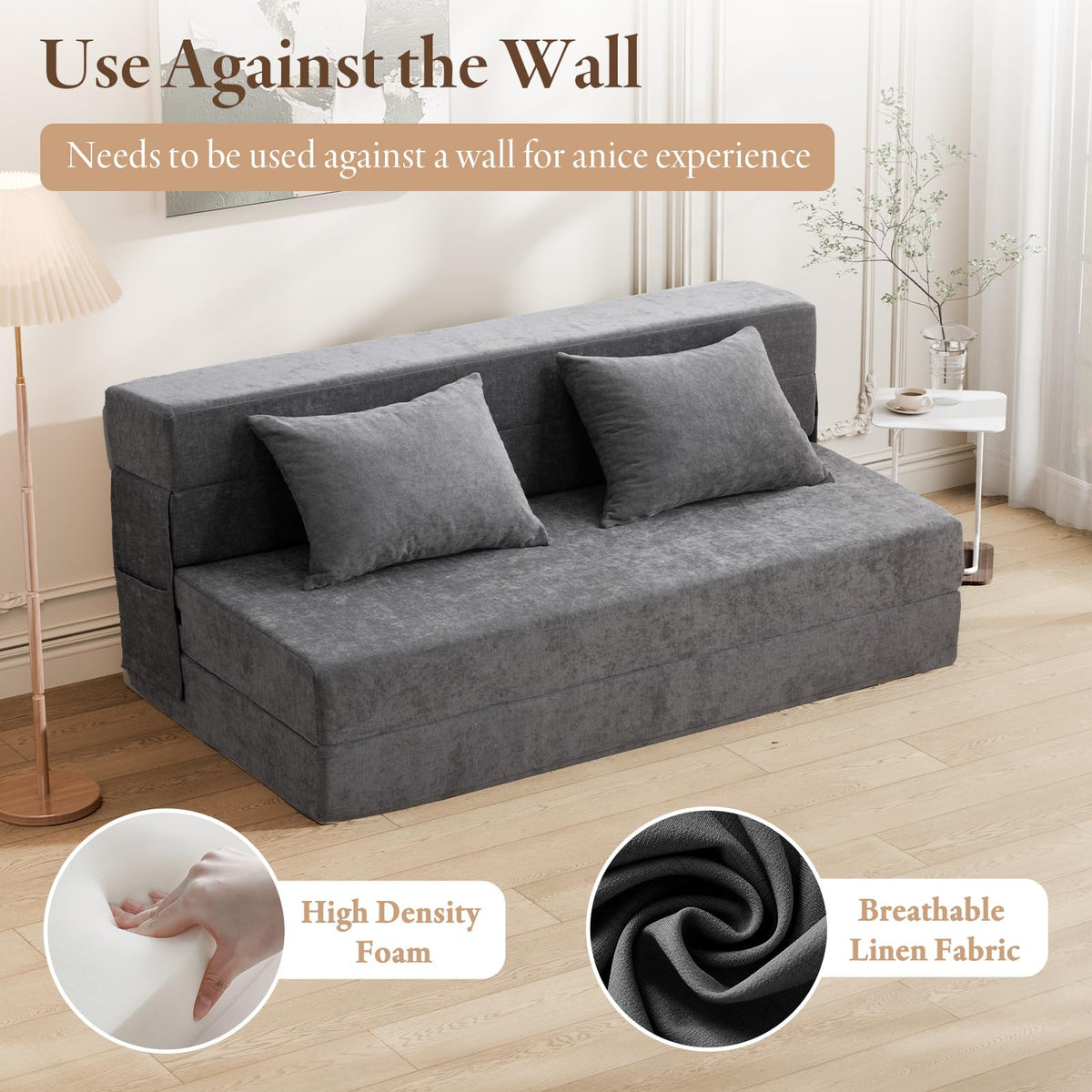 HOMFINE Folding Sofa Bed - Convertible Sleeper Chair with Pillow, Fold Out Couch, Memory Foam Floor Mattress, Futon Couch, Lazy Sofa for Living Room/Dorm/Guest Room/Home Office, Grey, Queen Size