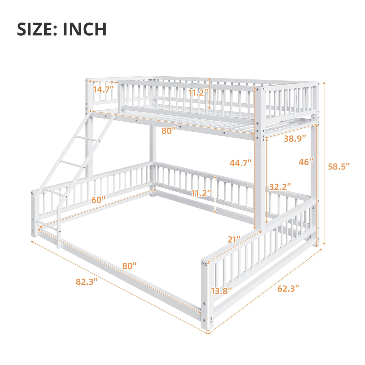 Bellemave Metal Twin XL Over Queen bunk Bed, Floor Twin XL Over Queen Bunk Bed Frame with Ladder and Safety Guardrails, White