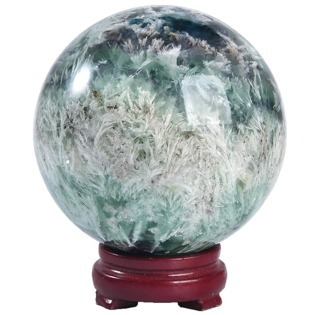 JIC Gem Large Crystal Ball Feather Fluorite Healing Crystals Sphere with Wooden Stand Meditation Home Decor 3.5-4 inch (90-100mm)