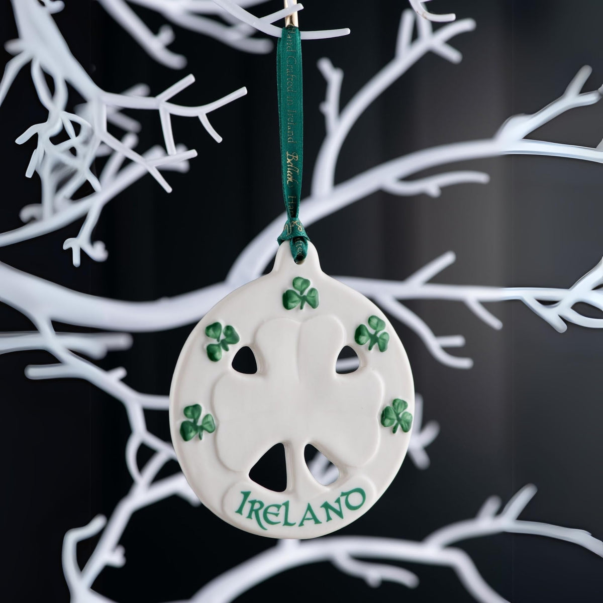Belleek Classic Ireland Shamrock 3.8-Inch Hanging Ornament, Handcrafted Porcelain Christmas Tree Decor, White