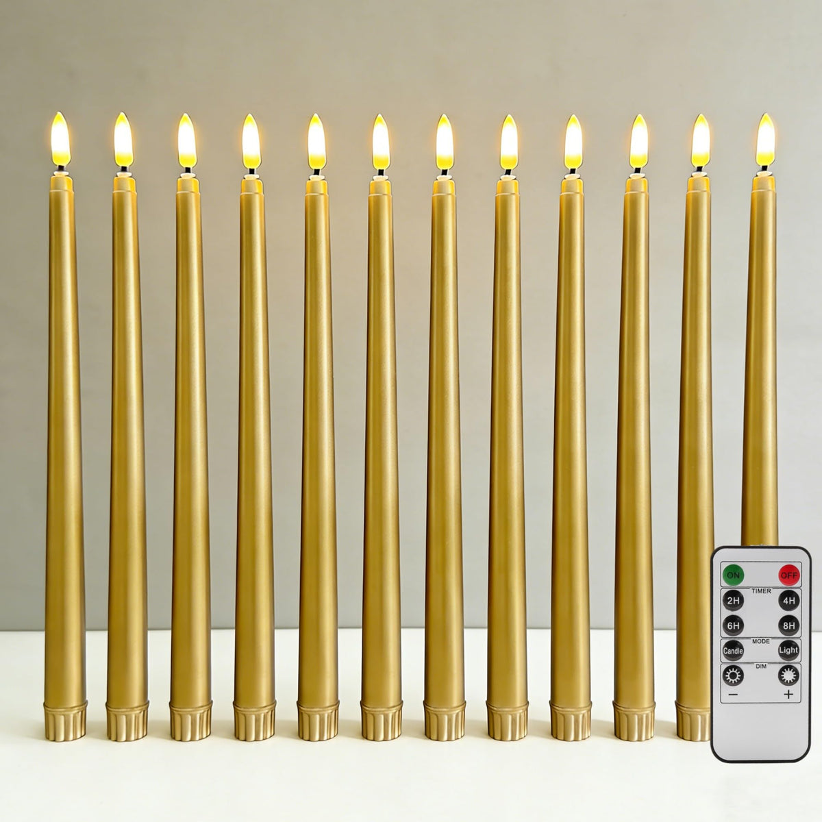 Ni-JASW Gold Flameless Taper Candles with Remote, Flickering LED Candlesticks Battery Operated Home Candle Decor Set of 12