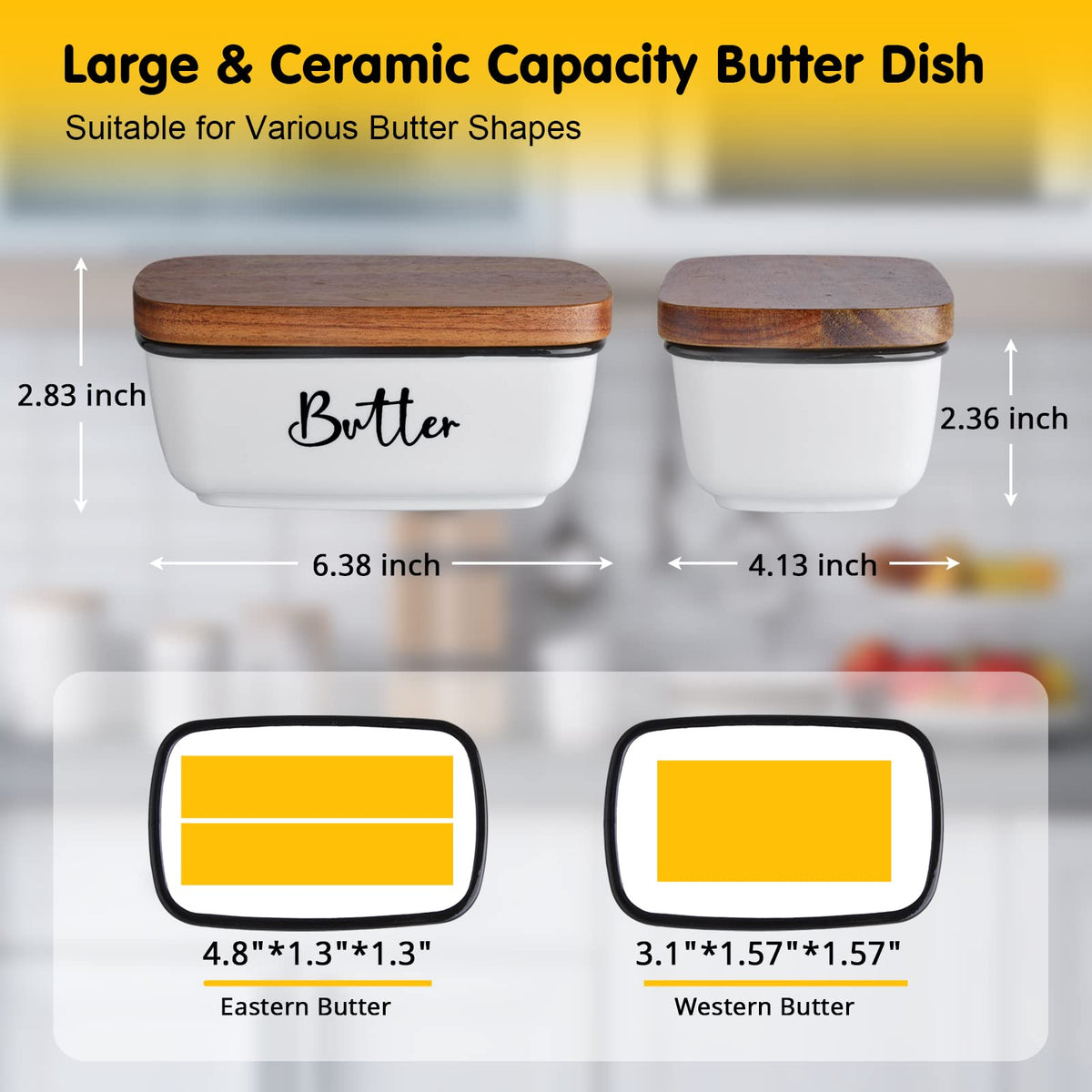 Butter Dish with Lid, ALELION Large Ceramic Butter Dish for Countertop, Butter Keeper with Thick Acacia Wood Lid, Kitchen Decor and Accessories for Kitchen Gifts, White