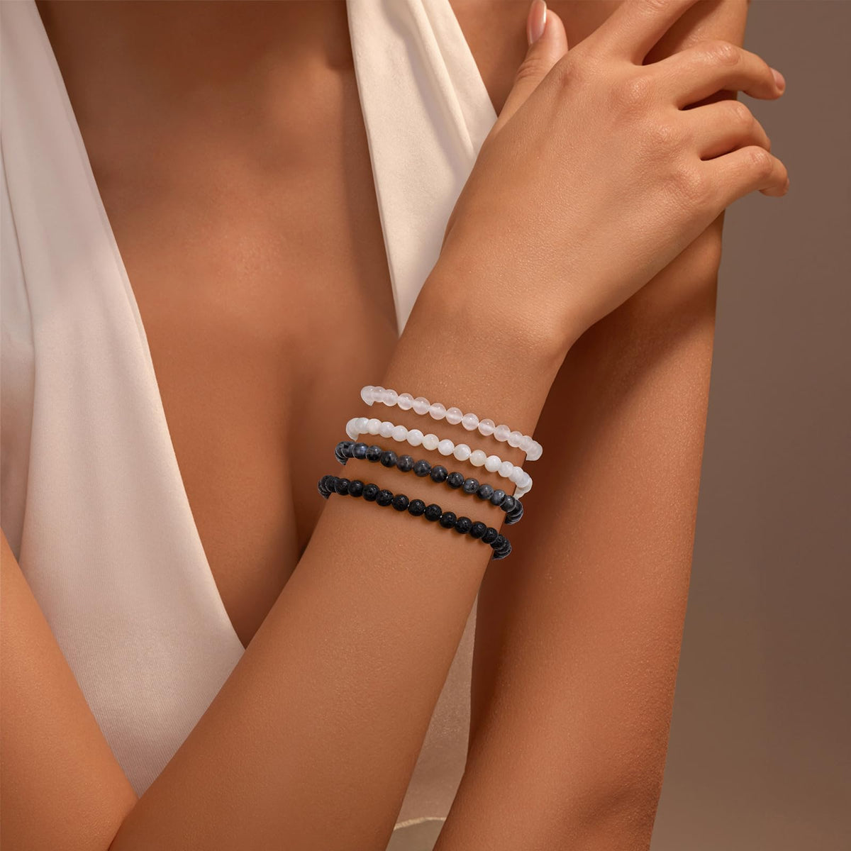 Vinswet Healing Crystal Bracelets for Women Men 4mm Selenite Natural Stone Beaded Stretch Bracelet Handmade Gemstone Reiki Spiritual Jewelry Gifts