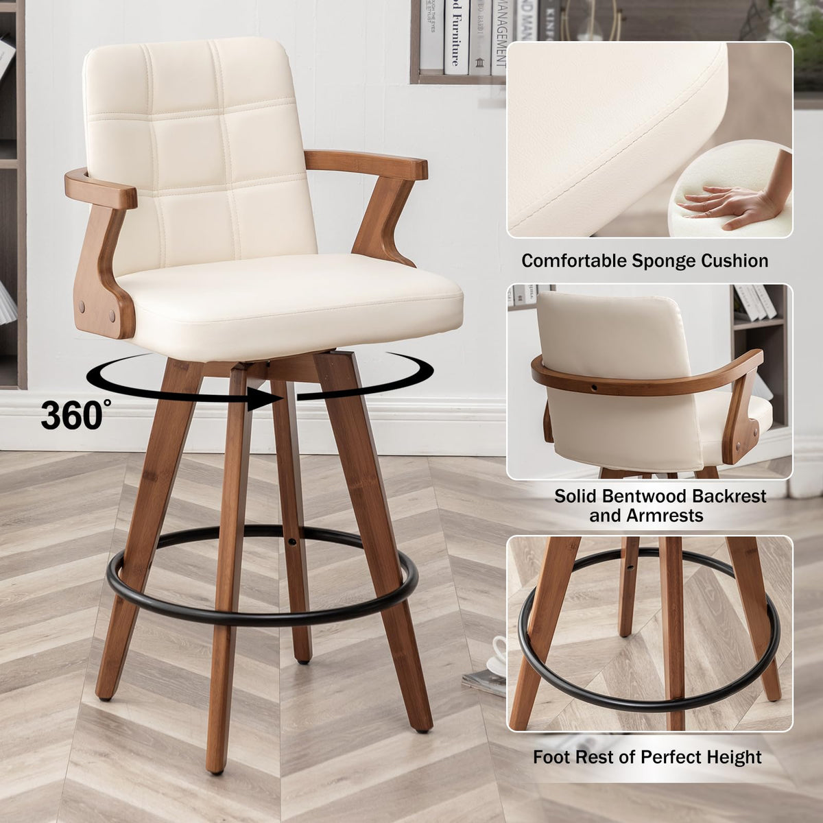 MEKLIBA 26” Counter Height Bar Stools,Leather Upholstered Bar Chair, Swivel Bar Stools with Back and Arms，Modern Beige Barstool Set of 2 for Kitchen Island