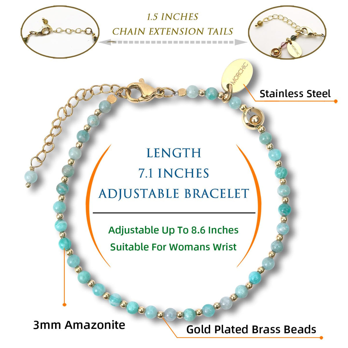Morchic 3mm Green Amazonite Natural Gemstone Beaded Bracelet for Women, Dainty Tiny Charm Jewelry, Adjustable 7.1-8.6", Ideal Birthday Holiday Gift