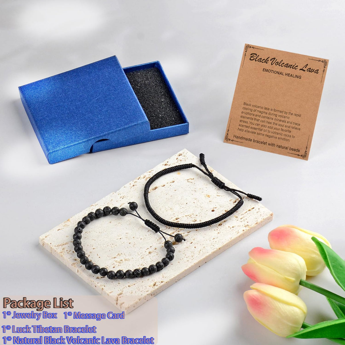 LPBeads 6mm Black Lava Bracelet with Handmade Rope Bracelet Size Adjustable Natural Stone Crystal Healing Bracelets Gifts for Unisex Adults