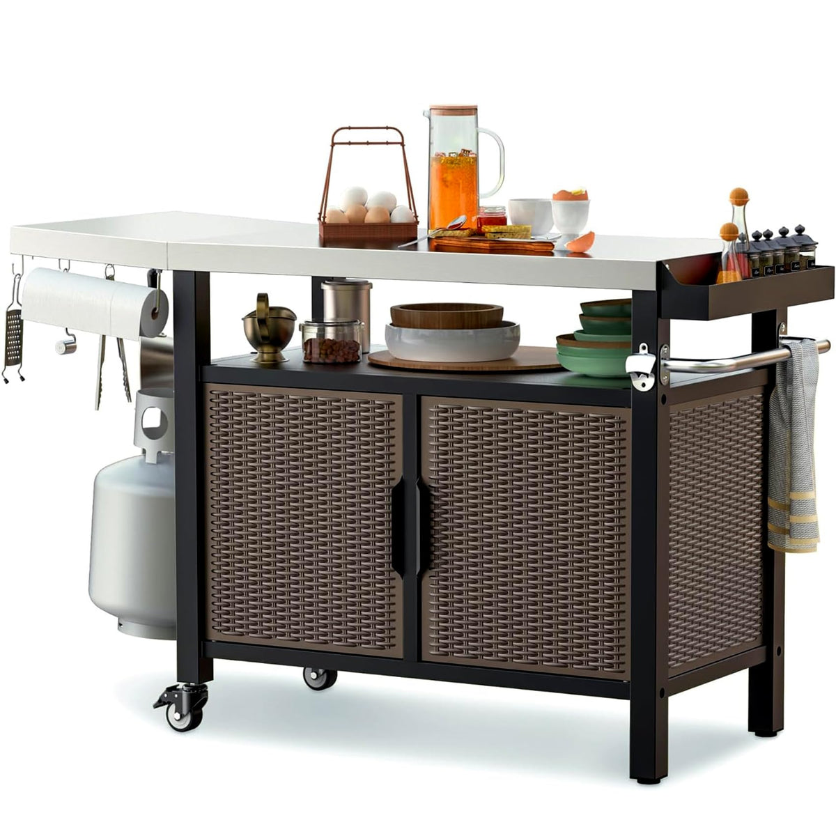 onlyfire 53-Inch Rolling Kitchen Island Cart with XL Stainless Steel Top & Rattan Texture Cabinet, Heavy-Duty Outdoor Dining Cart with Side Shelf, Propane Tank Holder, Spice Rack, Wheels for Patio