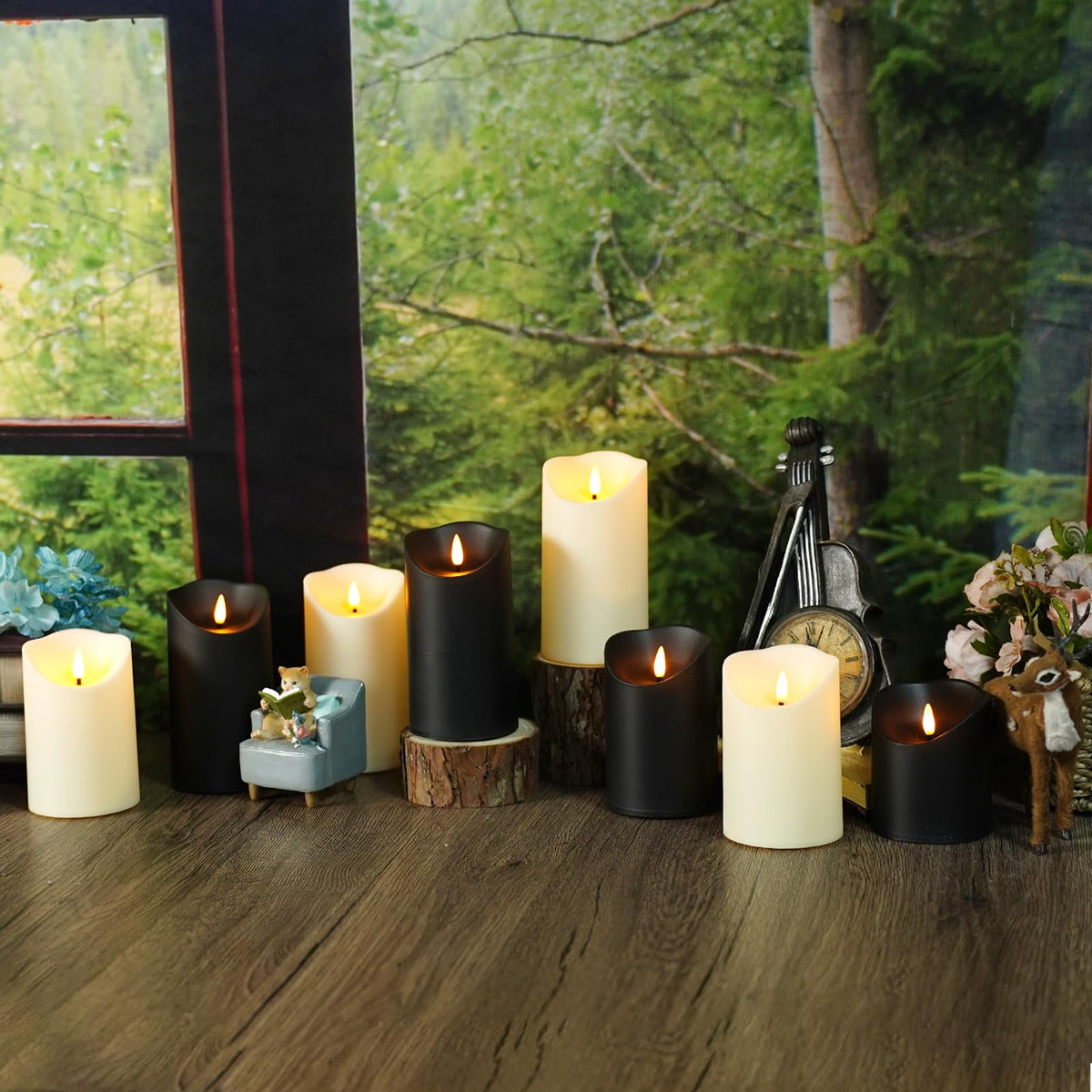 kakoya Flameless LED Candles Battery Operated with Remote and Timer,Flickering Electric Fake Plastic Pillar Candles Set of 12(D3 x H 3" 4" 5") Black