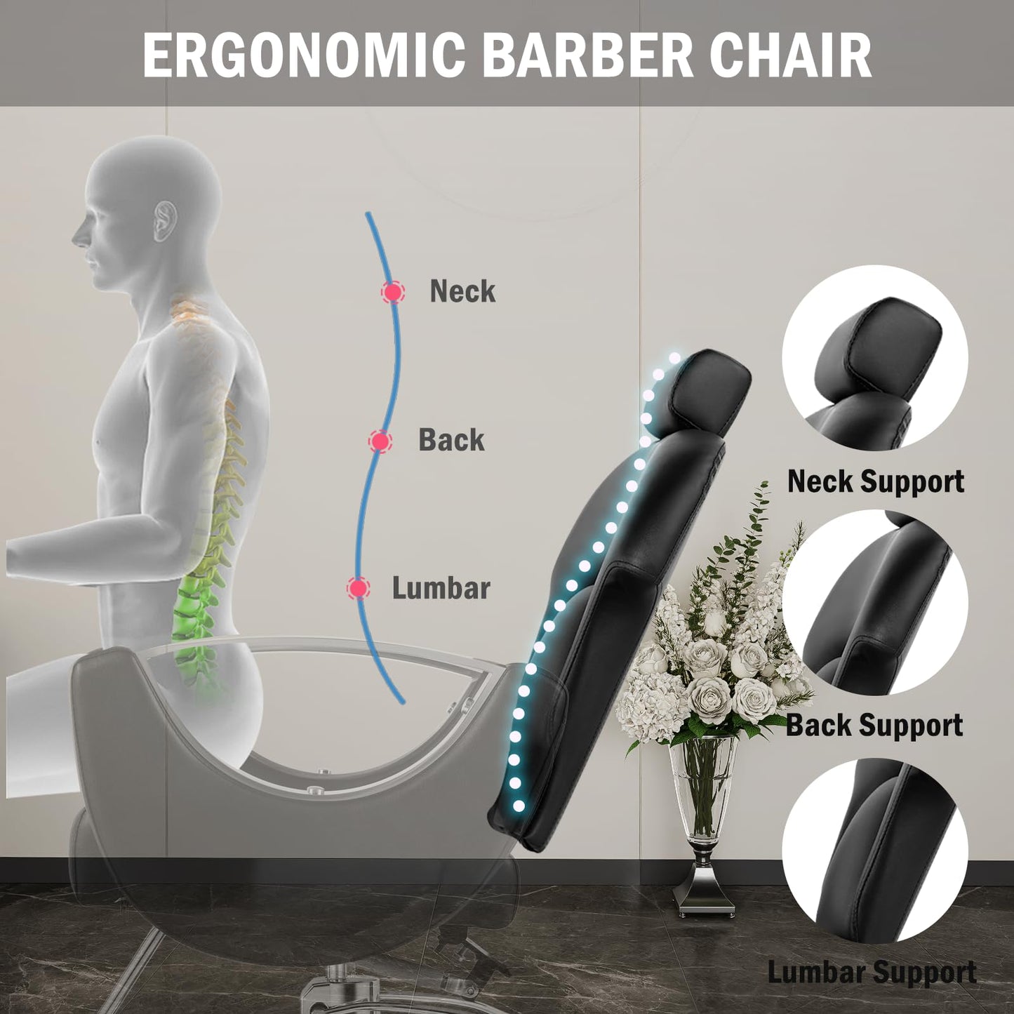 Tythical Reclining Salon Chair for Hair Stylist, Heavy Duty Hair Barber Chair with Adjustable Headrest, 360 Degree Swivel Beauty Spa Equipment Max Load 440Lbs, Black Silver