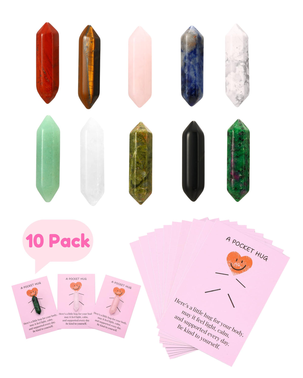 QianCannaor Pocket Hug Cards Bulk Crystal Stone Gift Set - 10Pcs Natural Wand-Shaped, Emotional & Inspirational Support, Encouragement, Bulk Valentines Day Gifts for Adults, Ladies, College Students, Friends - Thinking of You Anxiety Relief Keepsake (Wand
