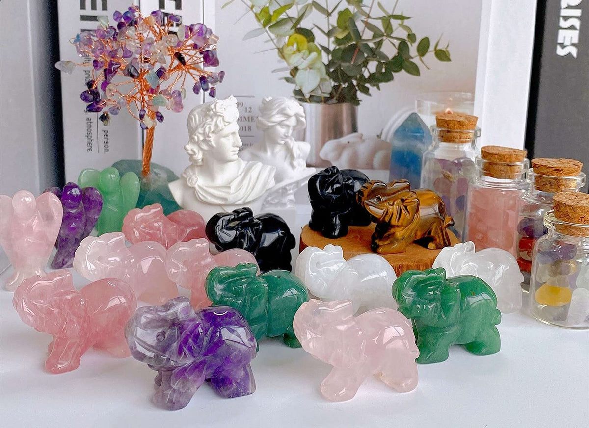 QINJIEJIE 3PCS Elephant Decor Amethyst Statue Crystals Rose Quartz Green Aventurine Cute Desk Stones Statue Gemstones Decoration Room Office Decor Pocket Spiritual Gem Gift for Women 1.5