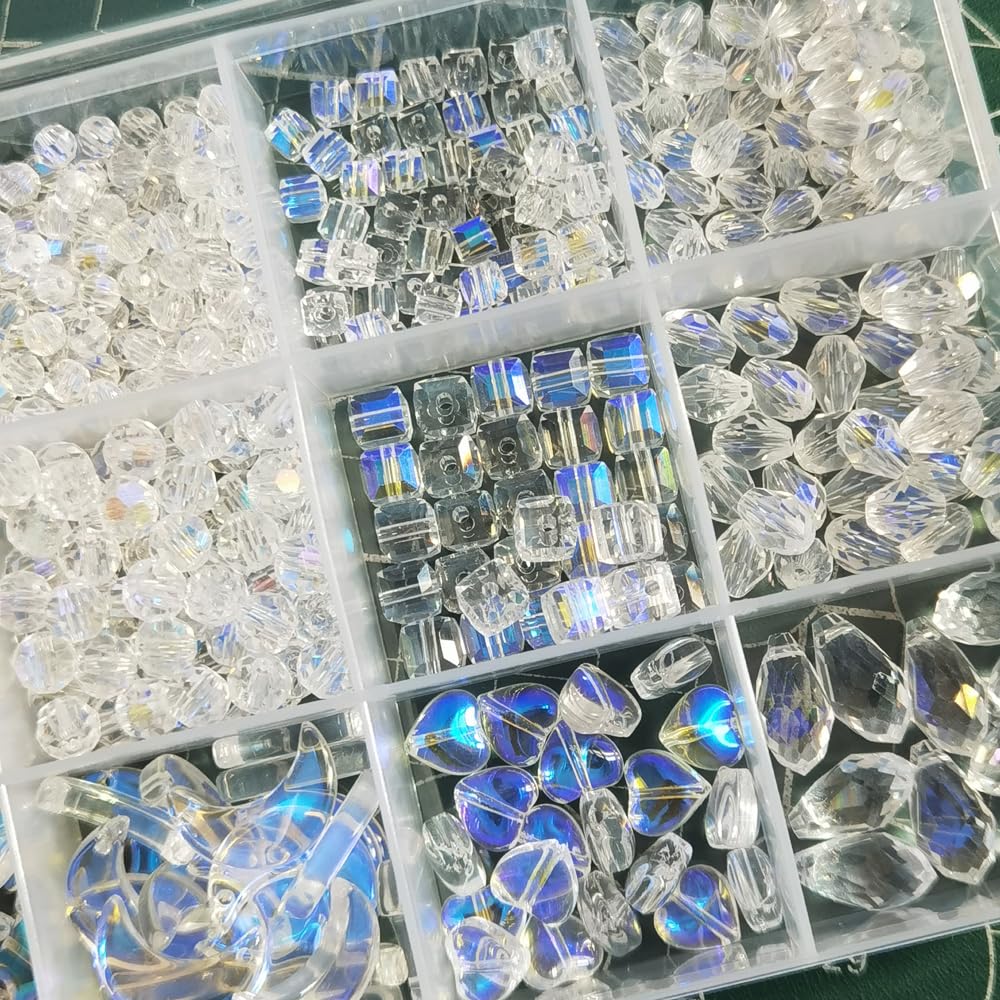INSPIRELLE 1000 Pieces Crystal Glass Beads AB Finish Assorted Sizes and Shapes Bulk Faceted Beads for Jewelry Bracelet Making