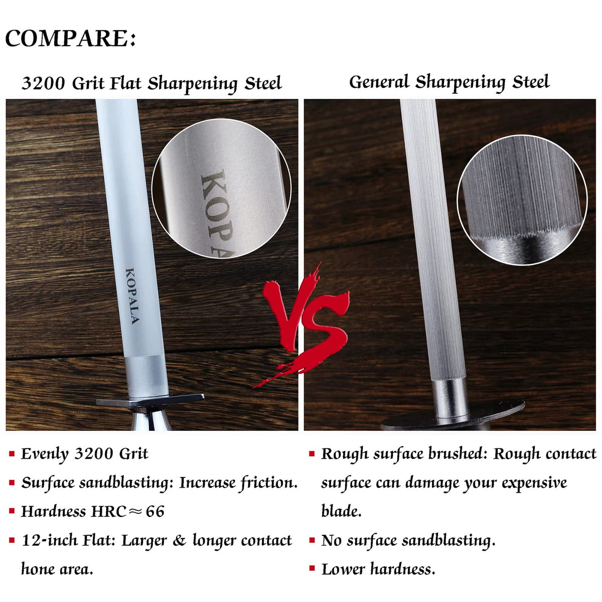 KOPALA Sharpening Steel Knife Sharpener Rod Flat 12 Inches Honing Steel for Knives Red