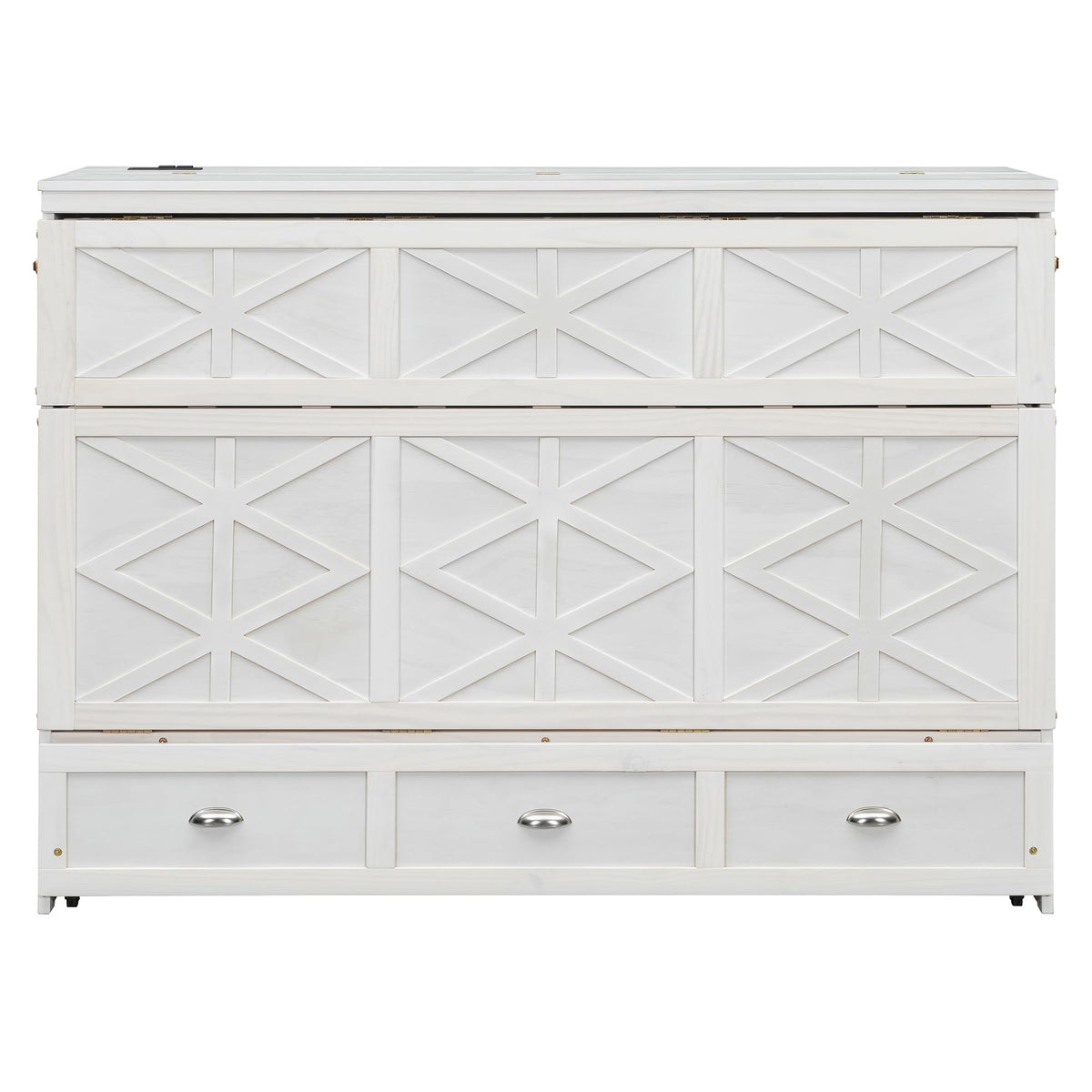 Merax Queen Size Murphy Bed Cabinet with Charging Station and Storage Drawer, Wooden Foldable Platform Bed Frame for Home Office Small Room, White