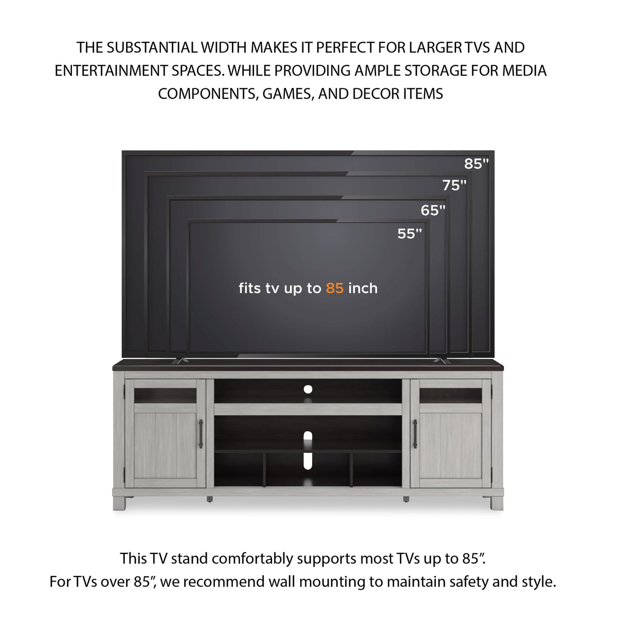 Signature Design by Ashley Darborn Farmhouse 88" TV Stand for TVs up to 101" with Adjustable Shelves, Cabinets, Cord Openings and Fireplace Option, Light Gray & Dark Brown