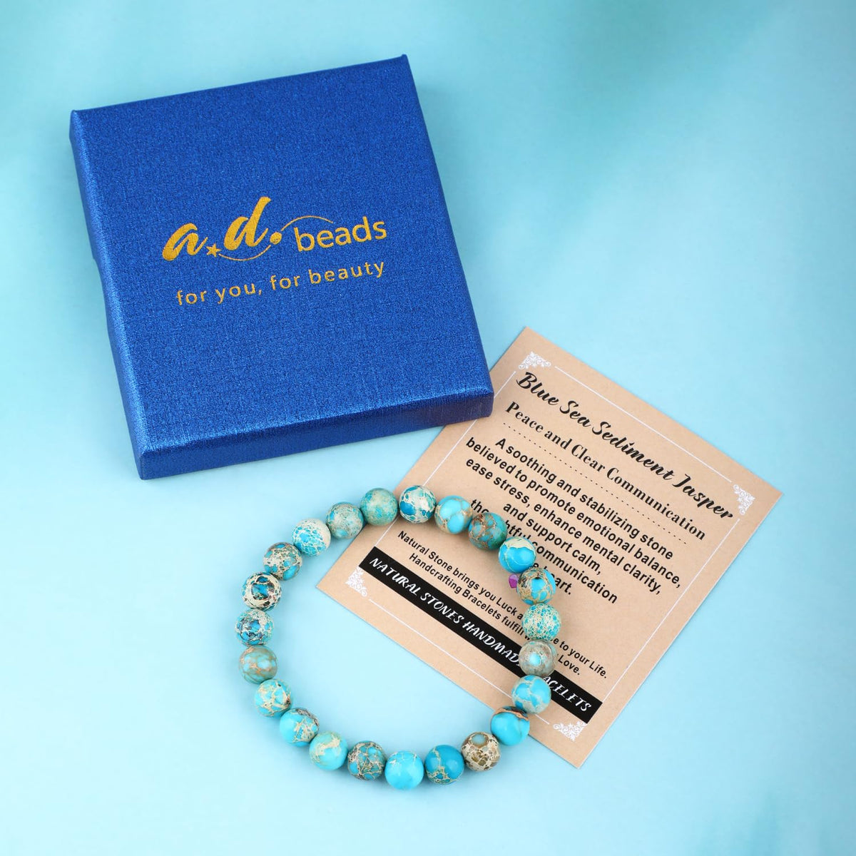 AD Beads 6mm Handmade Blue Sea Sediment Imperial Jasper Elastic Bracelet – Natural Gemstone for Joy & Positivity – Meditation, Yoga, Healing and Energy Gift for Men Women