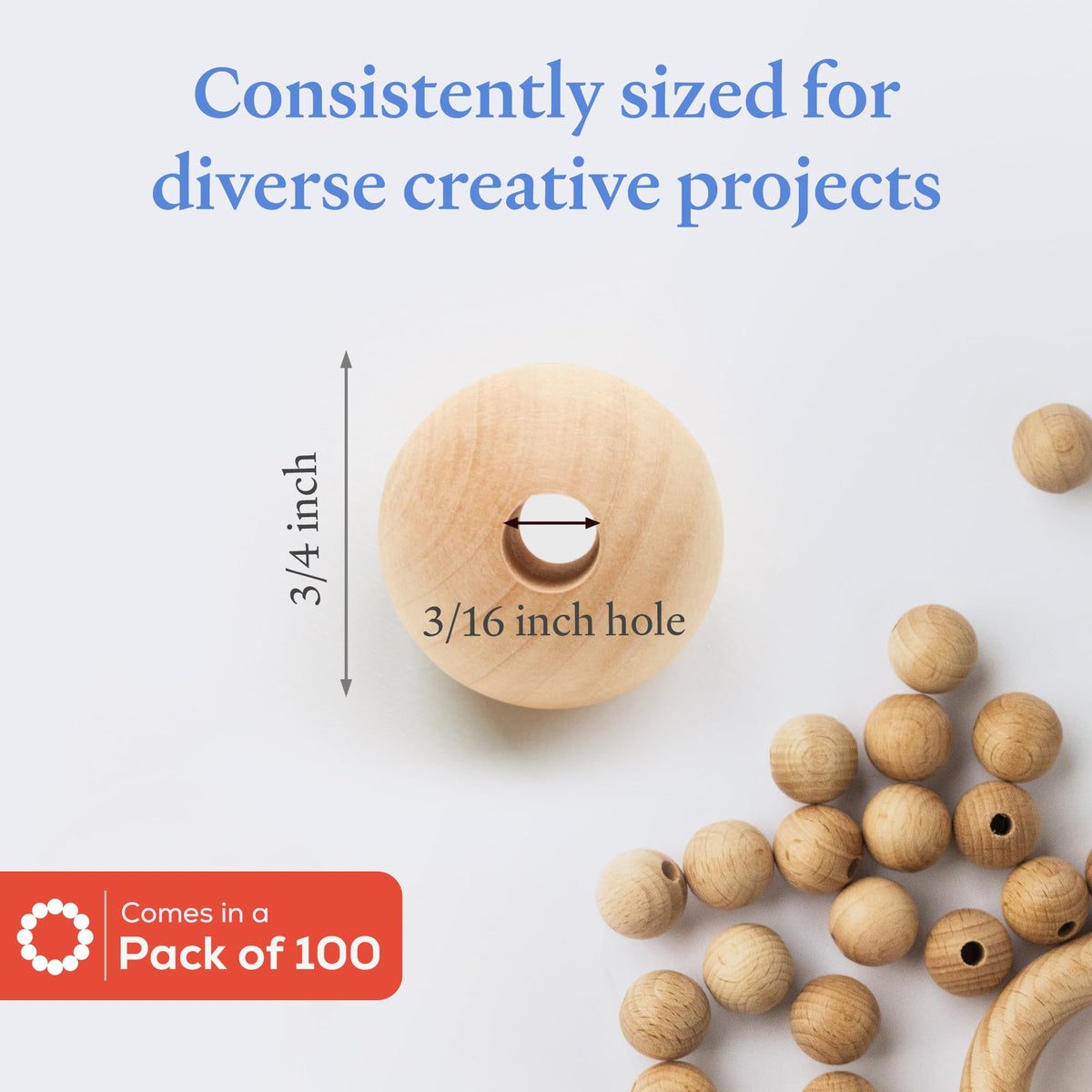 Large Wooden Beads for Crafts - Pack of 100 19mm 3/4 x 3/16 Inch Hole Large Wood Beads for Crafts withHoles for DIY | Round Wooden Balls for Crafts | Wood Beads for Jewelry Making | Woodpeckers
