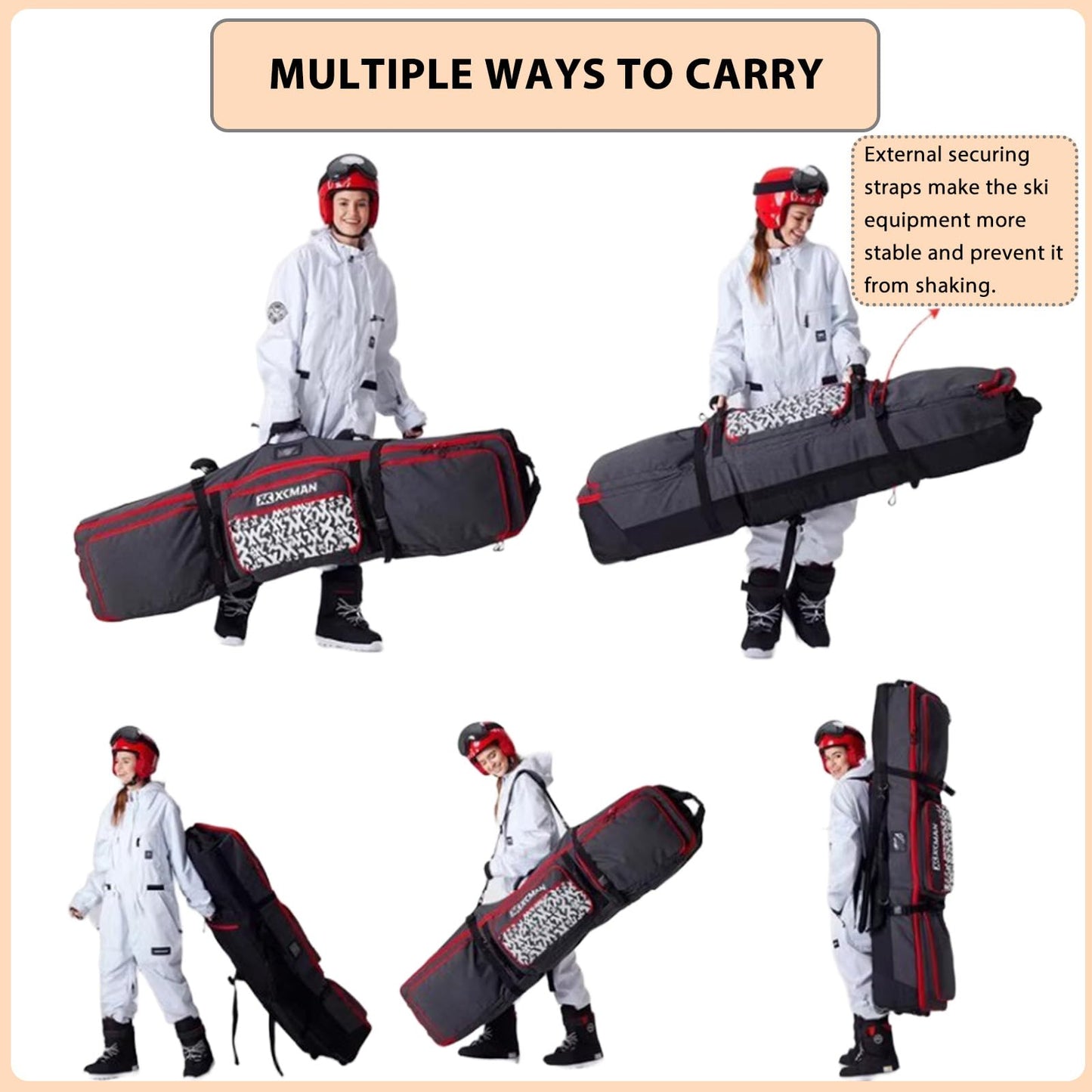 Padded Snowboard Bag with Wheels, Heavy-Duty Wheeled-Ski Travel Bag, Storage Ski Board Boots, Helmet, Jacket for Flying Air Travel, 65 Inch (Extendable to 80.7 Inch),Red