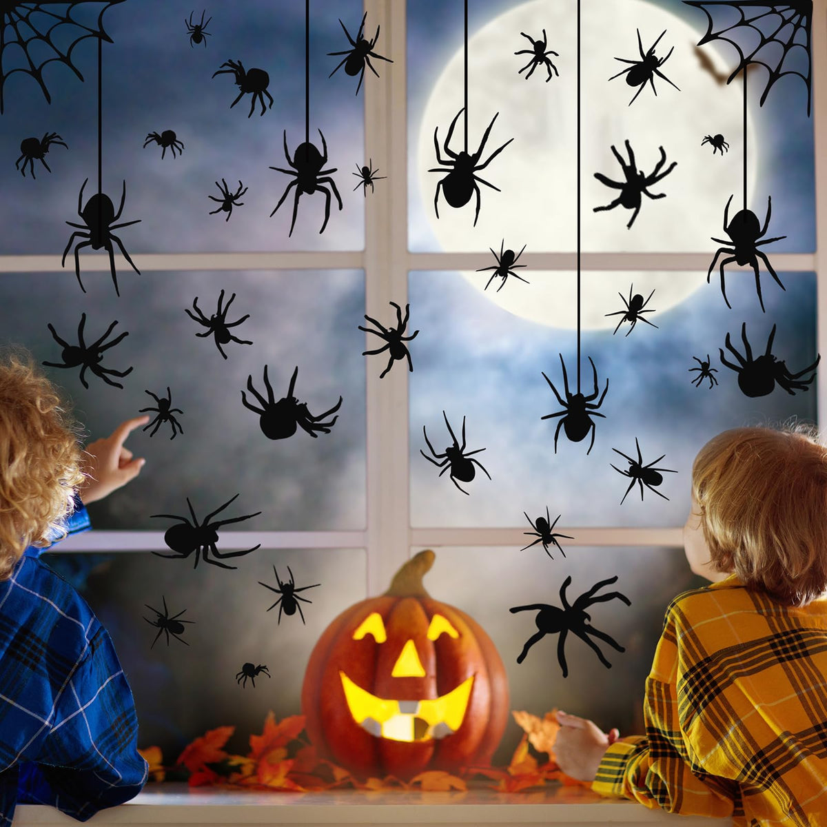 4 Sheets Spider Window Clings - Double-Sided Removable Glass Decals, Halloween Themed Window Stickers for Kids Party Decorations