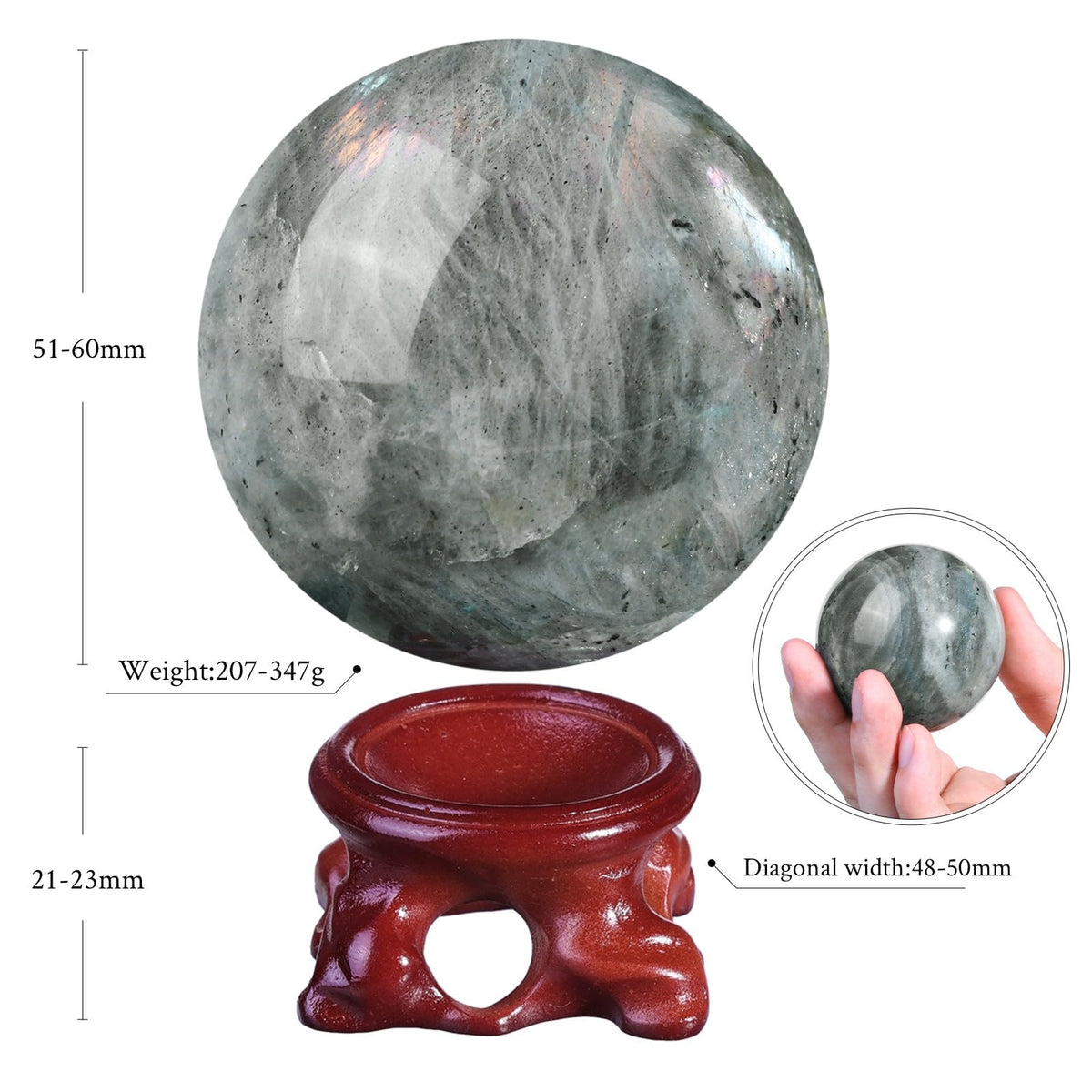 Nupuyai Natural Moonstone Crystal Ball with Resin Stand, Healing Crystal Sphere for Home Decor 2.01"-2.36"(51mm-60mm)