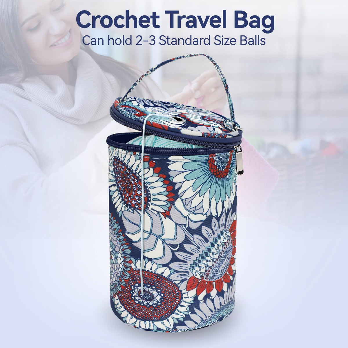 Small Portable Yarn Holder with Anti-Tangle Design, 2-3 Standard Size Balls,Yarn Storage Bag for Crocheting On The Go, Ideal Crocheting Gifts for Women and Crocheter (Blue)