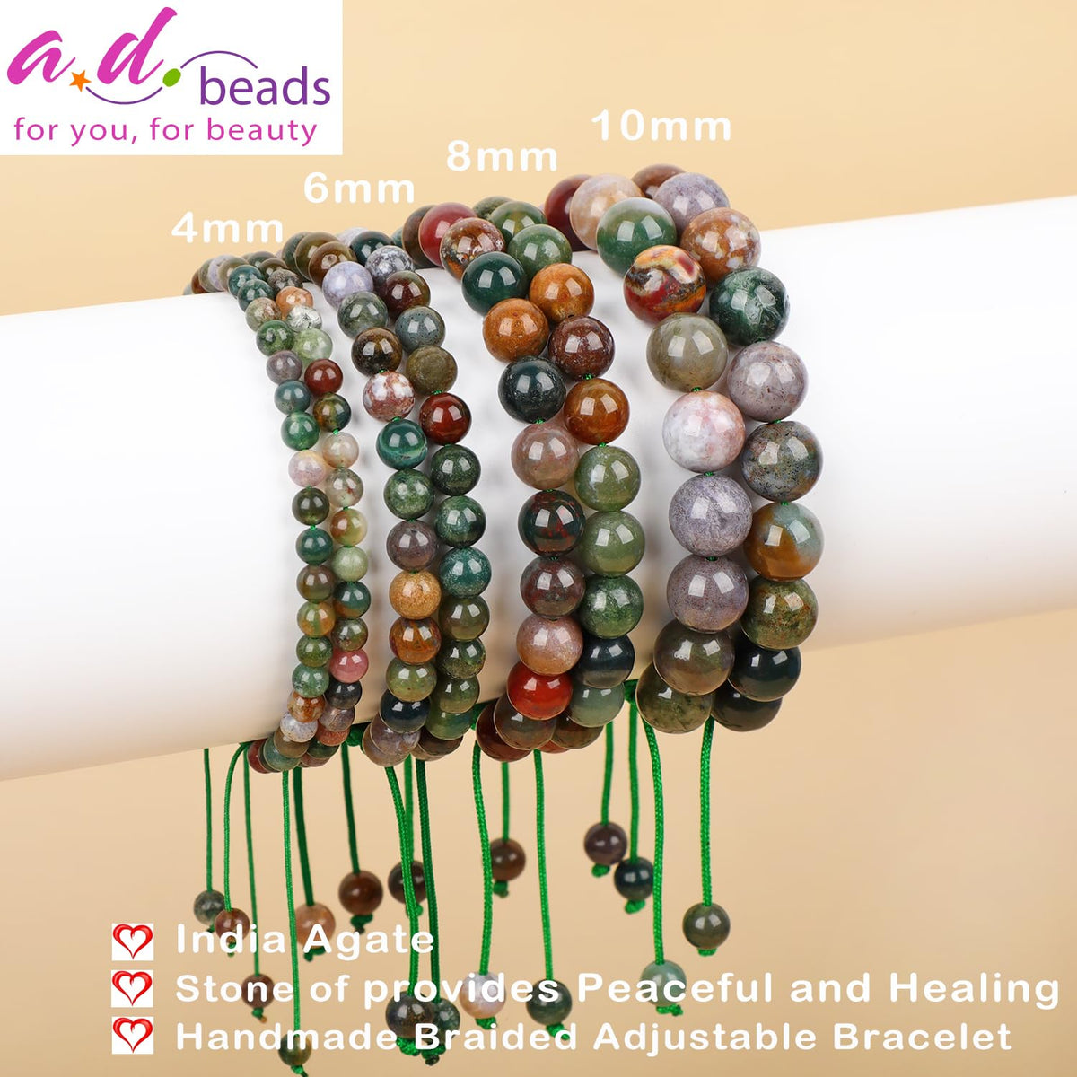 AD Beads 8mm India Agate - Peaceful - Handmade Natural Stone Crystal Bracelet with Adjustable Macrame String - Yoga Healing Power Energy Gifts for Men and Women