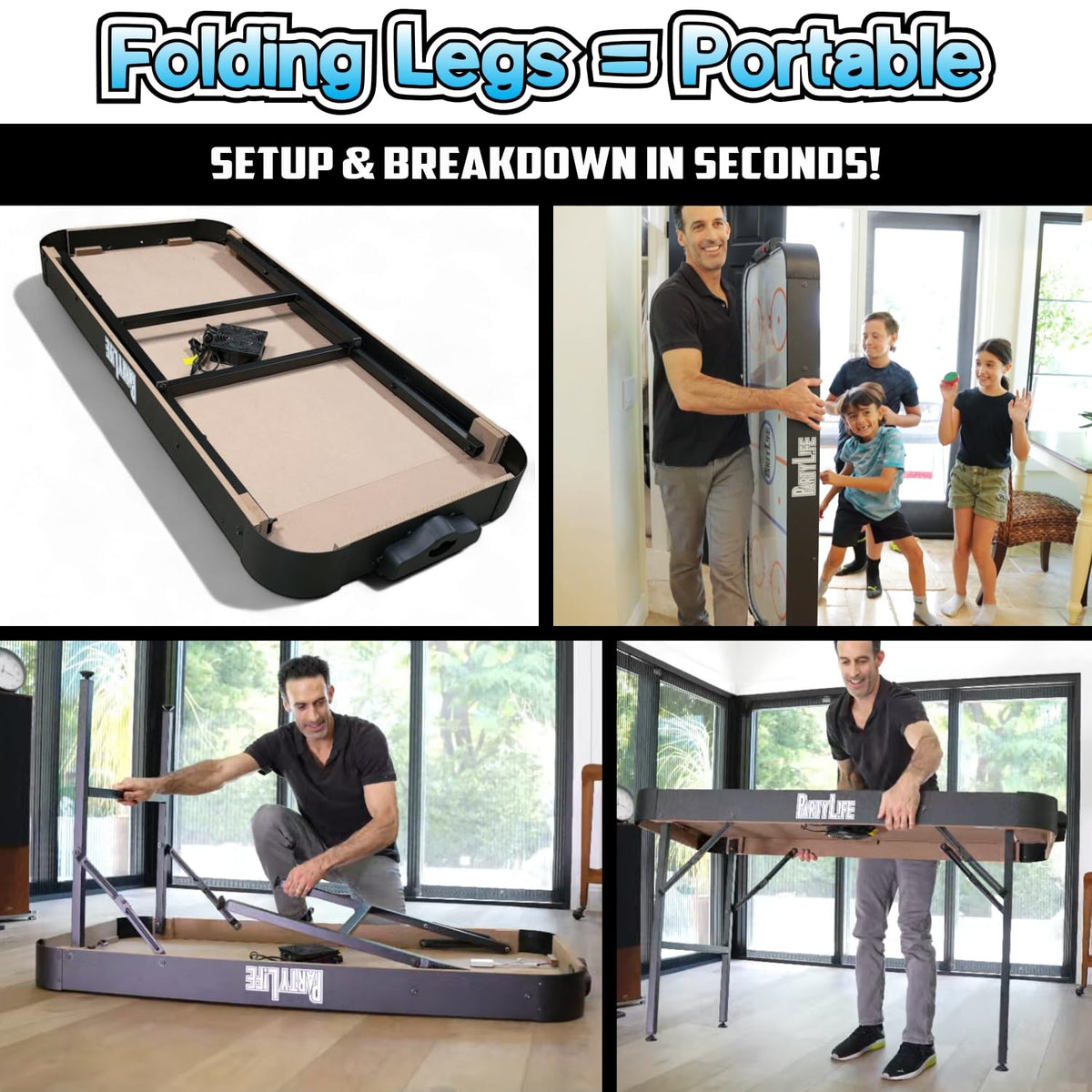 PartyLife 54" Air Hockey Table w/LED Lights & Folding Steel Legs - Powerful Motor, Smooth Surface, Very Sturdy - Perfect for Kids and Adults, Game Rooms & Home Arcade!