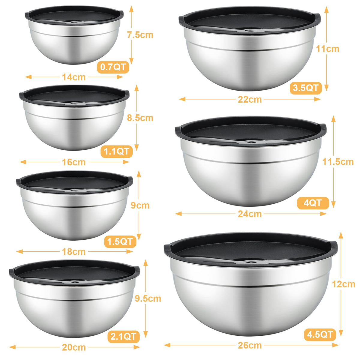 Hunnycook 7 Piece Mixing Bowls with Lids Set - Mixing Bowls Stainless Steel Bowls for Kitchen Baking, Size 0.7, 1.1, 1.5, 2.1, 3.5, 4, 4.5QT, Baking Bowl for Food Preparation, Mixing and Serving Foods