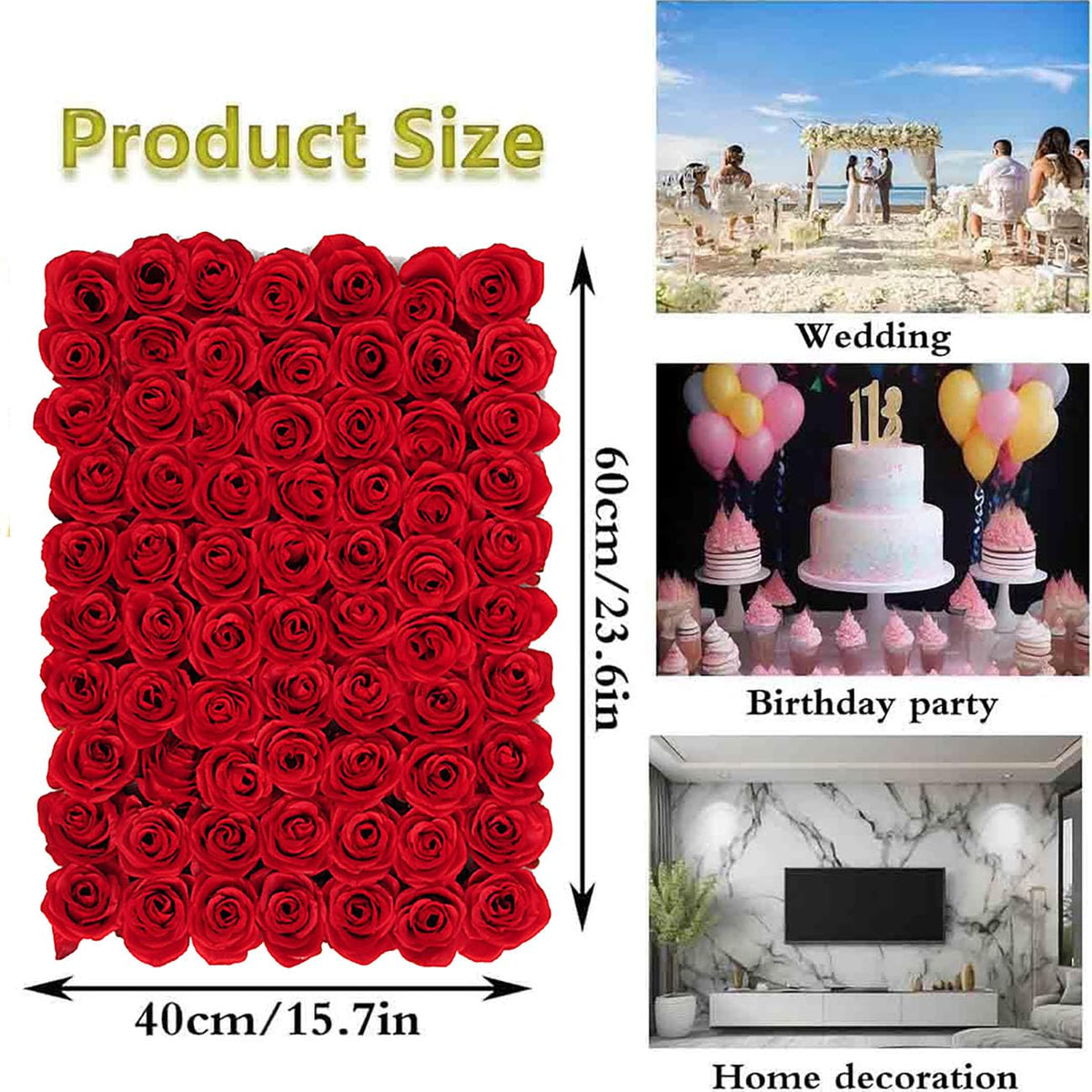 Wiyrexiy Flower Wall Backdrop, Artificial Flower Wall Pack of 6, 15.7x23.6 Inches Rose Wall, Rose Wall Backdrop Red, Flower Panels for Party, Wedding, Birthday, Indoor & Outdoor