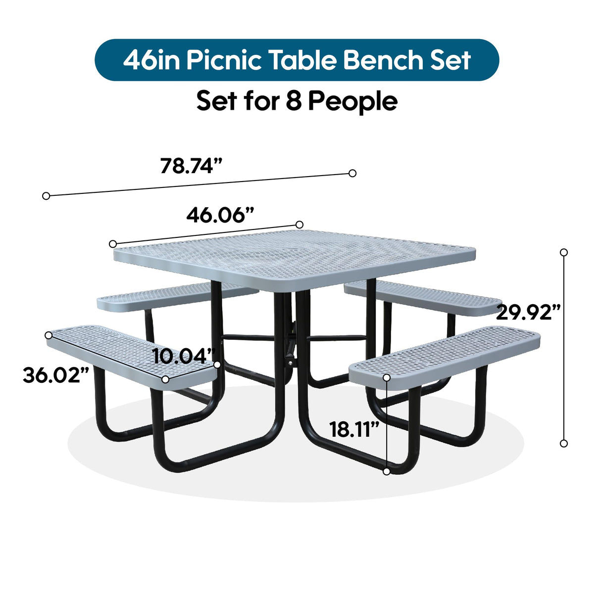 Sunnibety 8-Person Picnic Tables for Outdoors, Industrial 46" Expanded Metal Square Picnic Table with 4 Benches & Umbrella Hole, Outside Table and Bench Set for Garden, Backyard, Porch, Patio, Grey