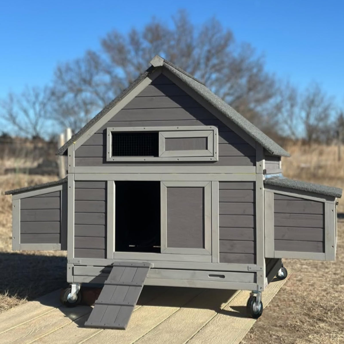 GUTINNEEN Large Chicken Coop on Wheels Mobile Wooden Hen House Weatherproof Duck Poultry Cage 67.3" L for 6-8 Chickens with 6 Nesting Box