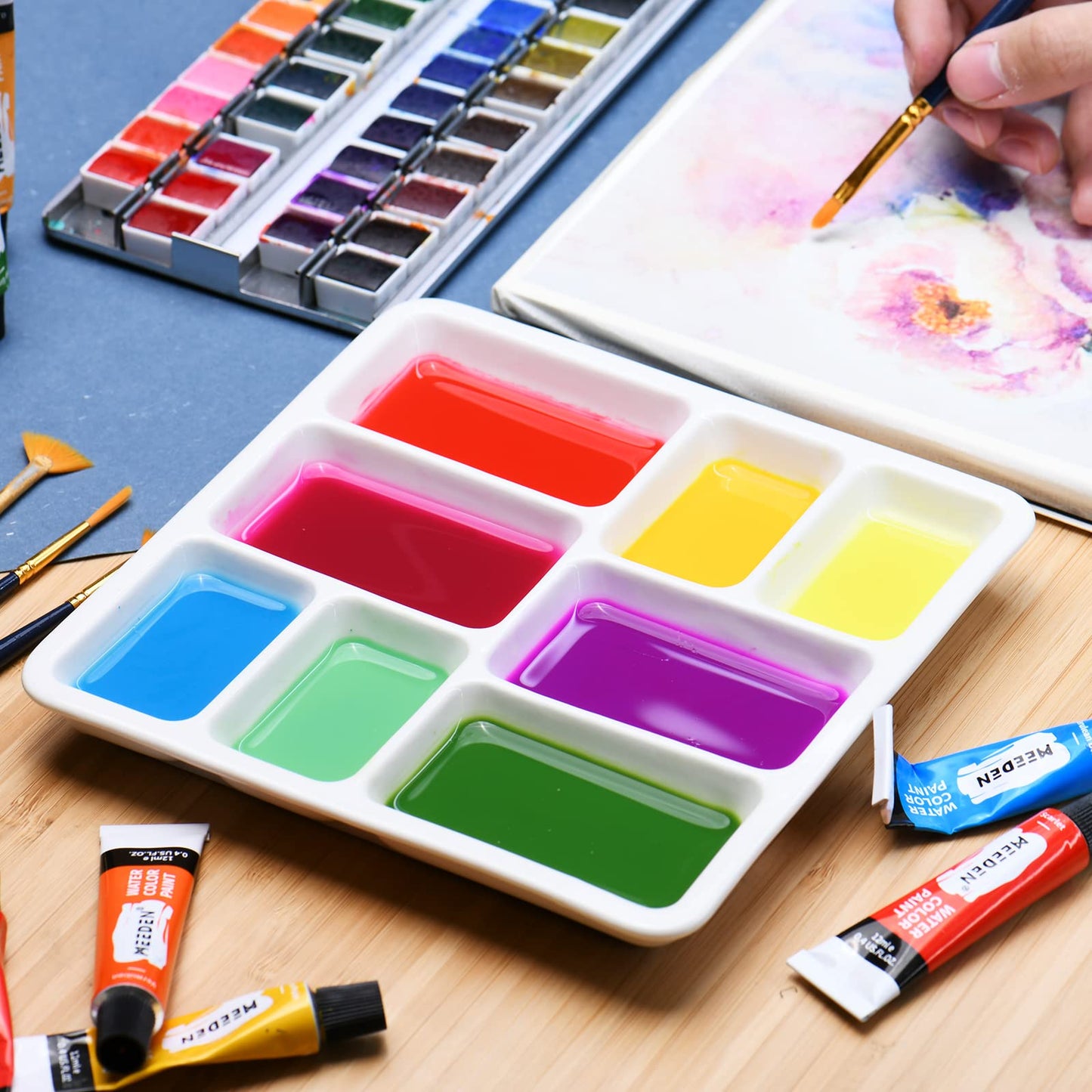 MEEDEN 8-Well Ceramic Artist Paint Palette, Square Porcelain Watercolor Palette, White Ceramic Mixing Tray for Gouache Painting, Oil Painting, Acrylic Painting & Tempera Painting, 7"× 7"× 0.9"