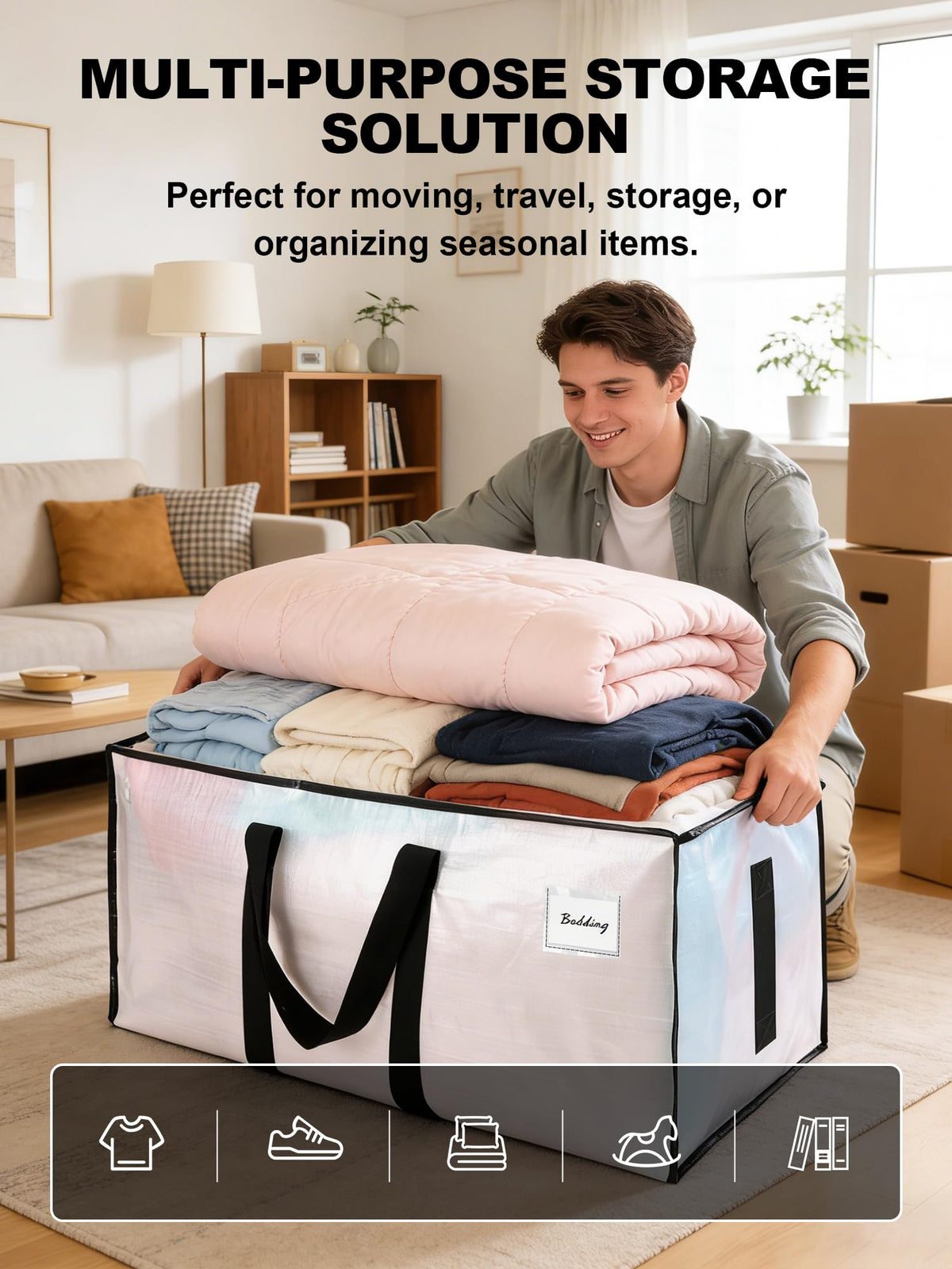HOMESURE 8 Pack Large Strong Moving Bags with Zippers & Carrying Handles - Water-Resistant - Heavy Duty Storage Tote for Space Saving, Fold Flat, Alternative to Moving Box (Semi-Transparent)