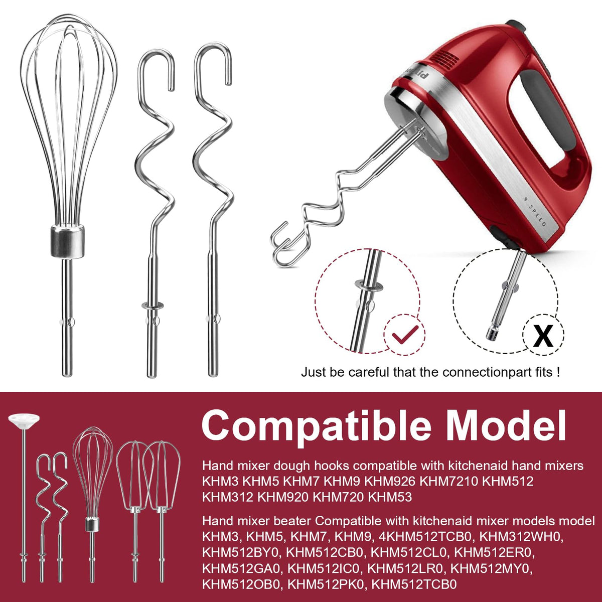Hand Mixer Attachments Beater, Whisk, Blending Rod and Dough Hooks, Stainless Steel Hand Mixer Accessories Compatible with Kitchenaid Hand Mixers KHM3 KHM5 KHM7 KHM9, Set of 6