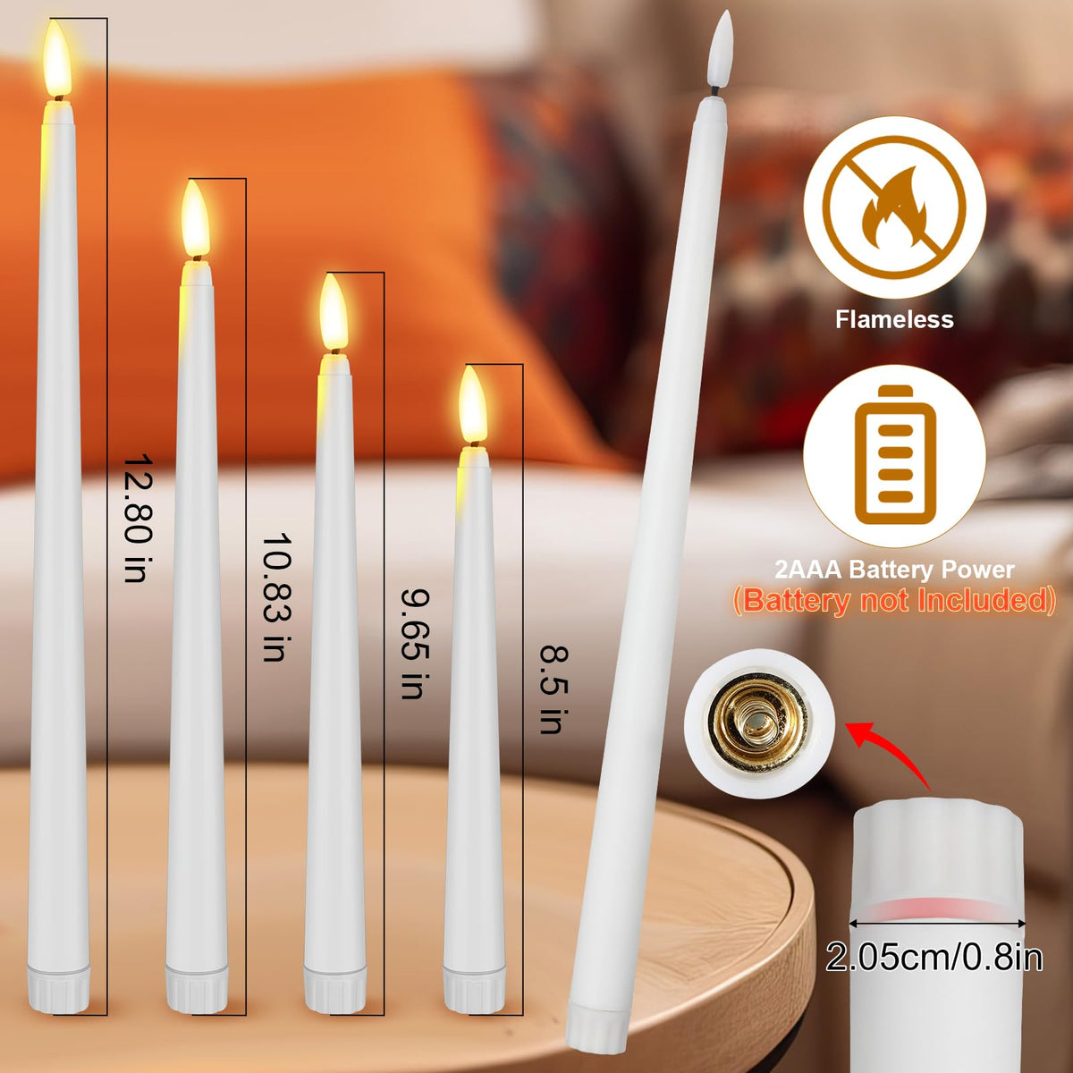 Rossesay 24 Pcs Flameless LED Taper Candles Battery Operated Candle 8.5", 9.65", 10.8", 12.8" Flameless Candlesticks Flickering for Christmas Church Wedding Indoor Decoration(Classic, White)