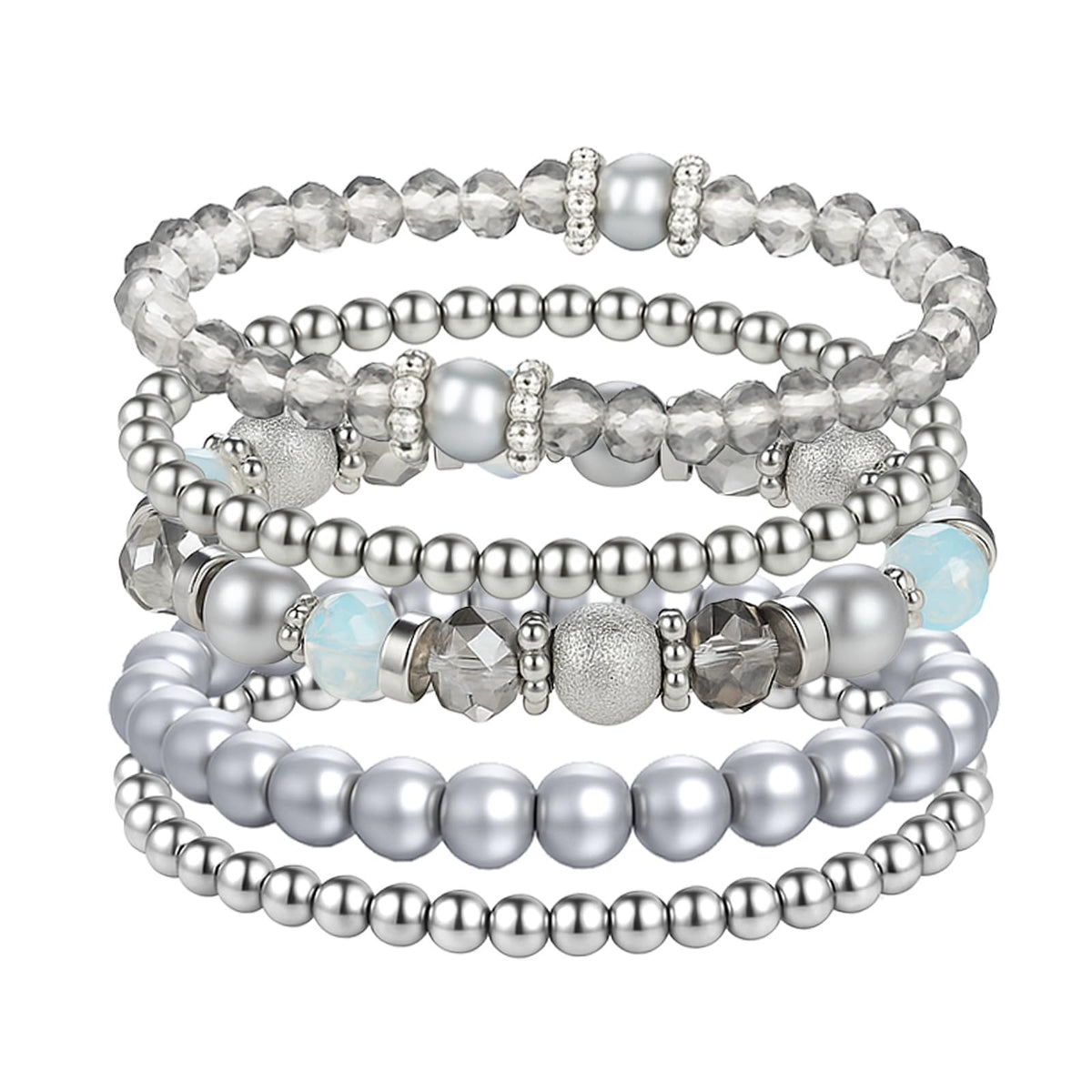 Heclia Beaded Stretch Bracelets Silver Stackable Crystal Beads Bracelets 5PCS Beaded Boho Stretch Bracelet Layering Crystal Stone Bead Bracelet Trendy Costume Jewelry Gifts for Women